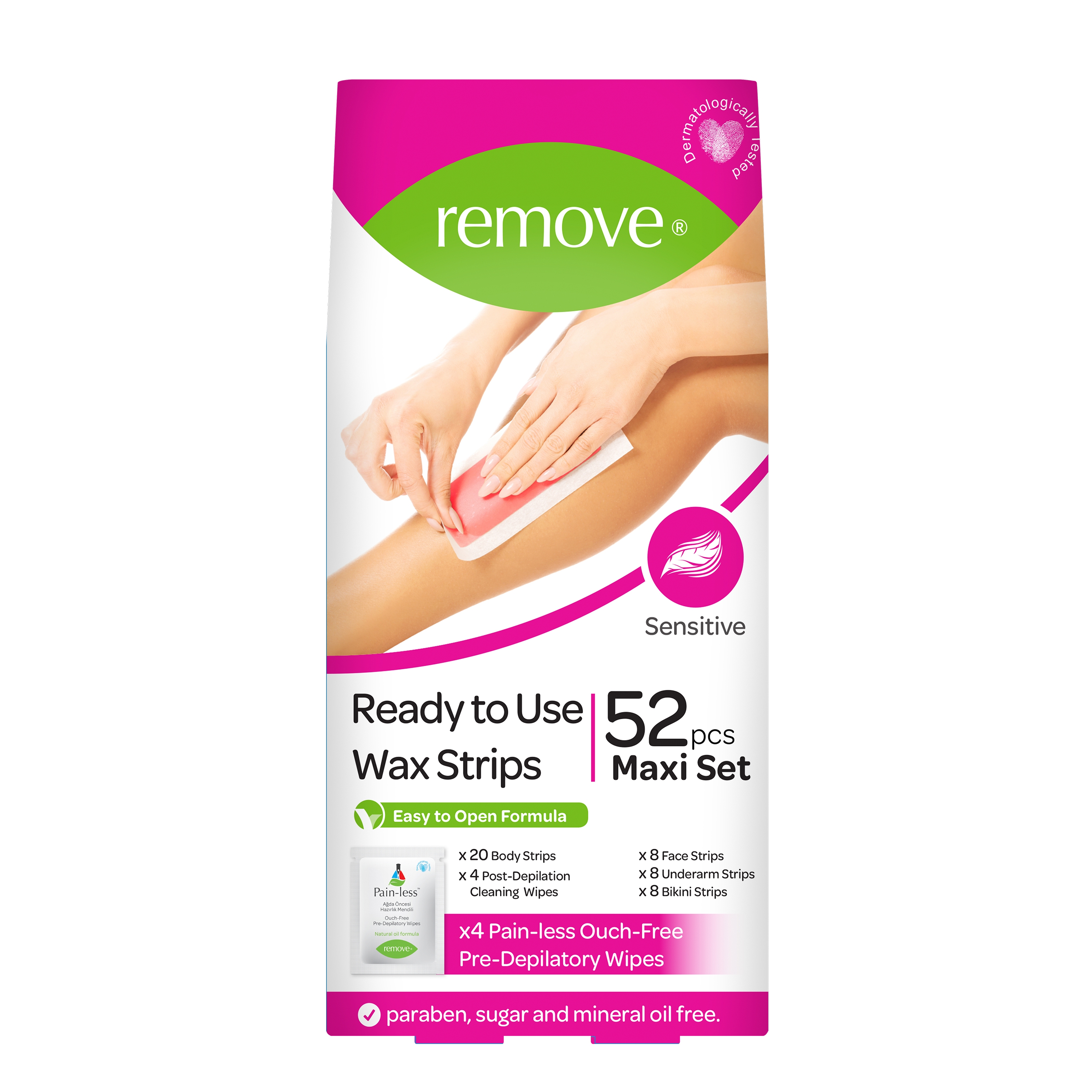 REMOVE | Remove Wax Strips 52 Pcs Maxi Set - Sensitive (20 Body + 8 Bikini + 8 Face + 8 Underarm Strips & 4 Pain-Less + 4 Post Depilation Cleaning Wipes)