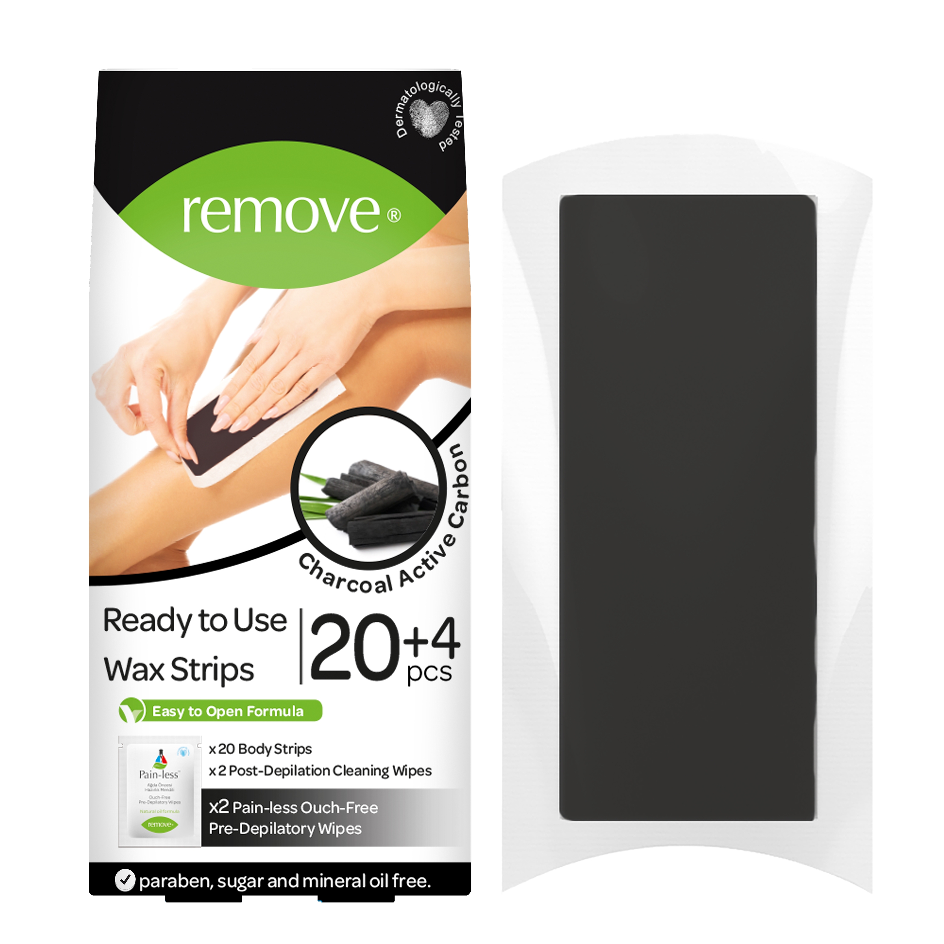 REMOVE | Remove Wax Strips 24 Pcs Body Strips - Active Carbon Charcoal  (20 Body Strips & 2 Pain-Less + 4 Post Depilation Cleaning Wipes)
