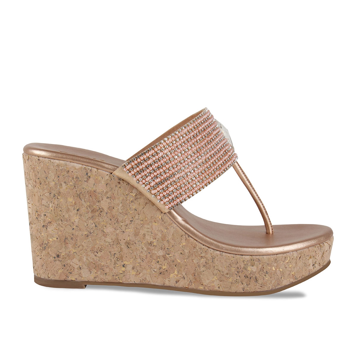 CHAMPAGNE STONE EMBROIDER T-STRAP WEDGE