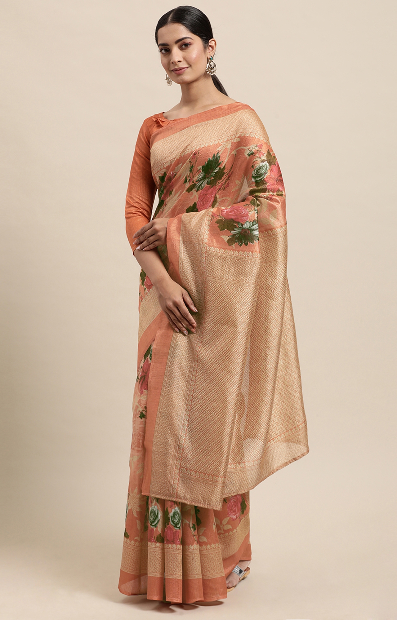 SHAILY RETAILS | Shaily Women's Peach Silk Blend Printed Saree-HAART0006PEACH