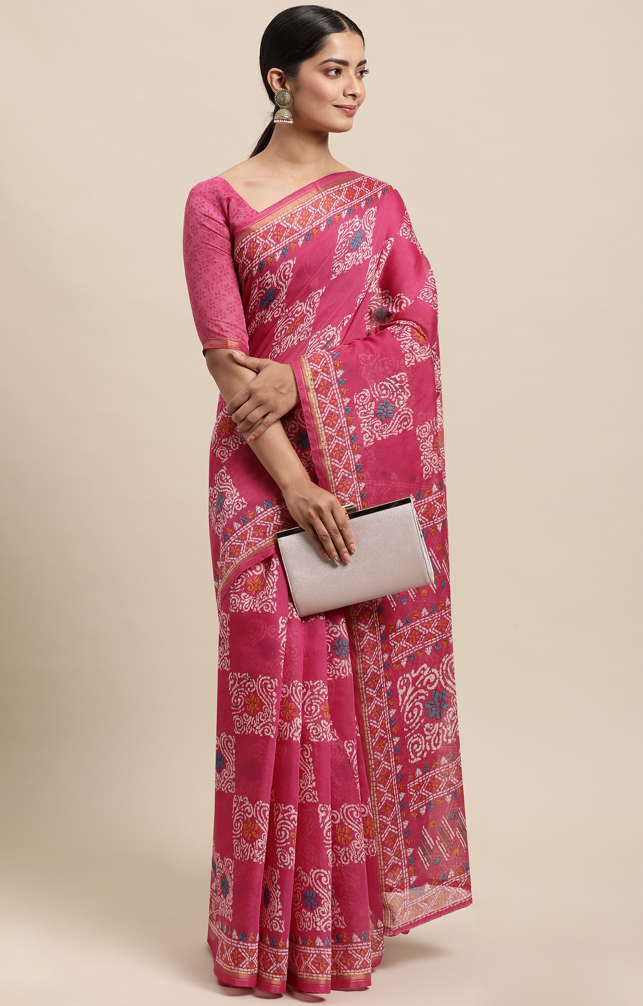 SHAILY RETAILS | Shaily Women's Pink Cotton Linen Blend Printed Saree-HACTN0009PNK