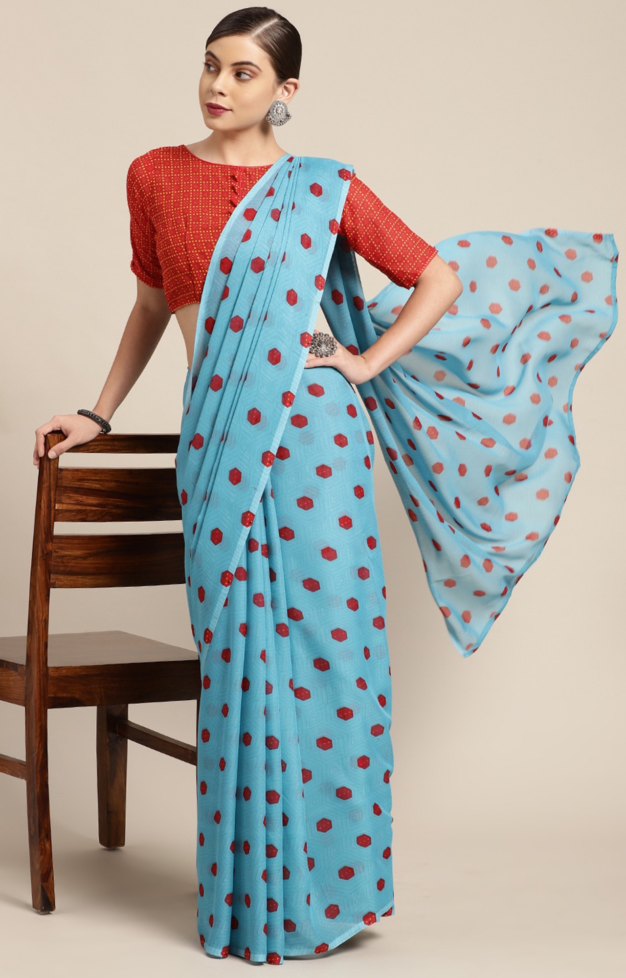 SHAILY RETAILS | Shaily Women's Turquoise Poly Georgette Printed Saree-HARYN00024TRQOIS