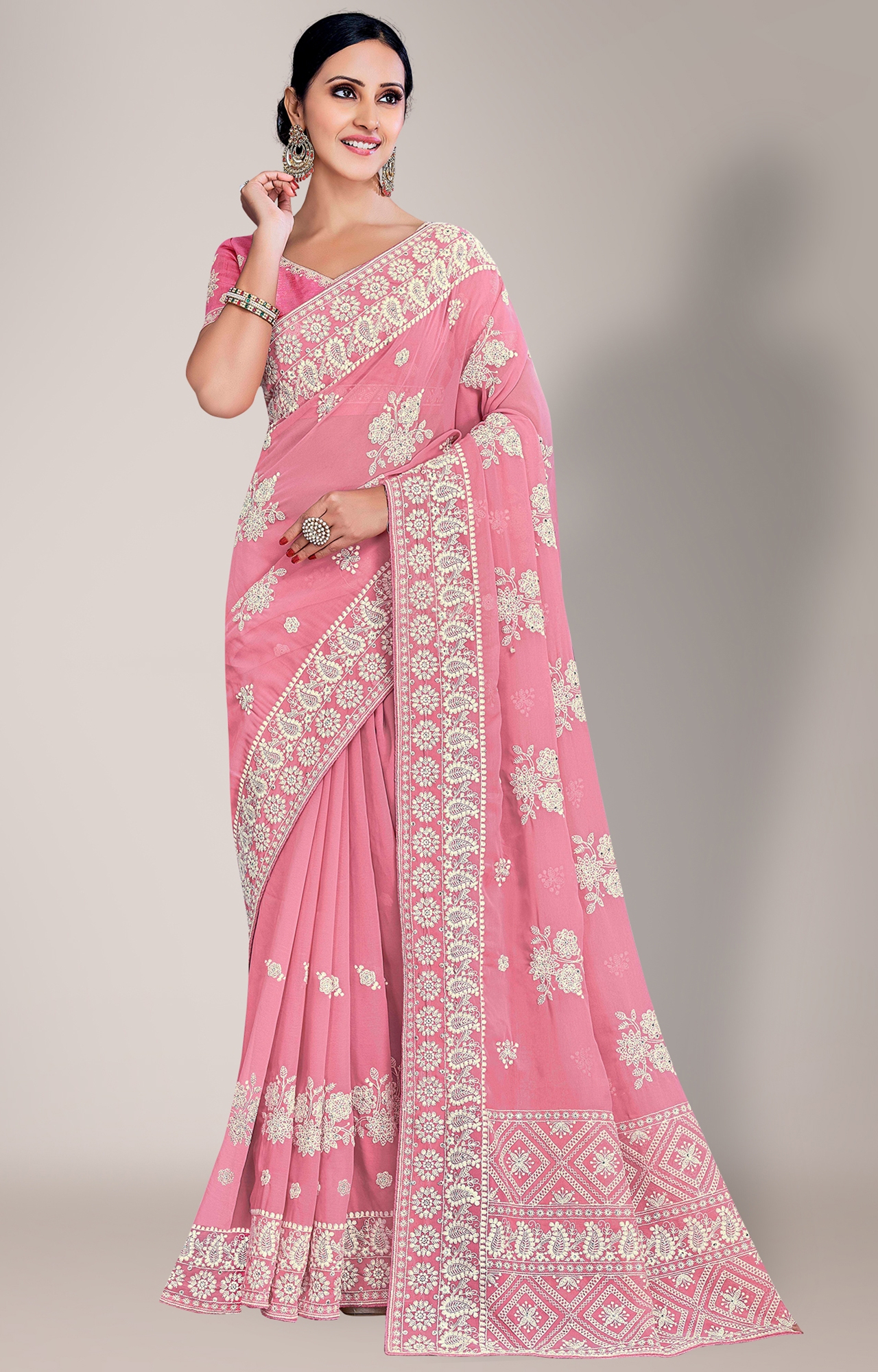 SHAILY RETAILS | Shaily Women's Pink Georgette Lakhnavi Chikankari Work Saree-HATRADE1040PNK