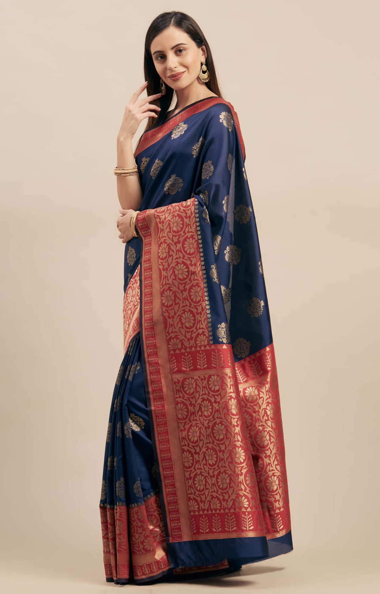 SHAILY RETAILS | Shaily Women's Woven Design Silk Blend Navy Blue & Red Saree-MK_MISTHI0022BSR01