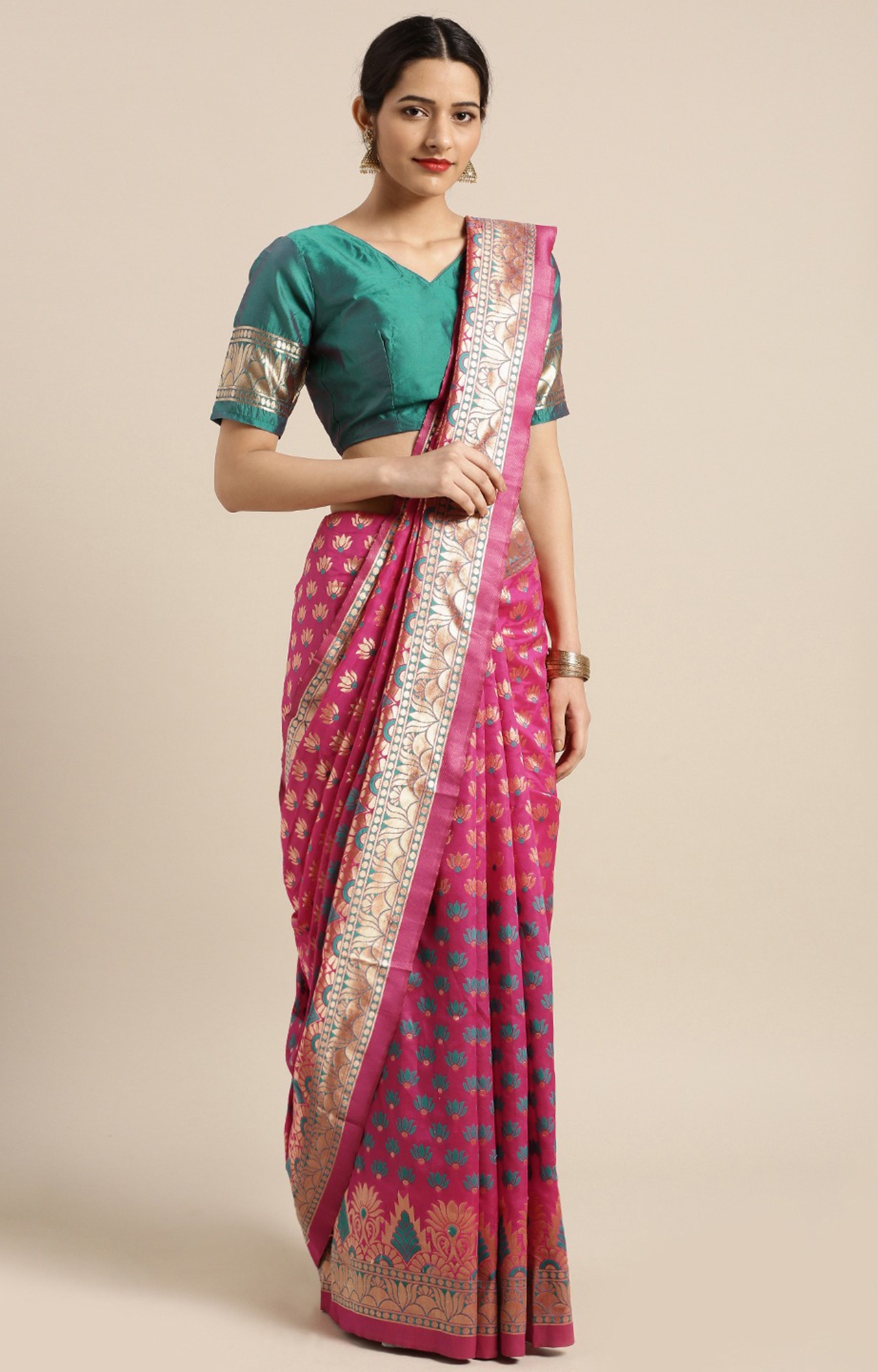 SHAILY RETAILS | Shaily Pink & Green Silk Blend Woven Design Kanjeevaram Saree-Radhka11011sssr1