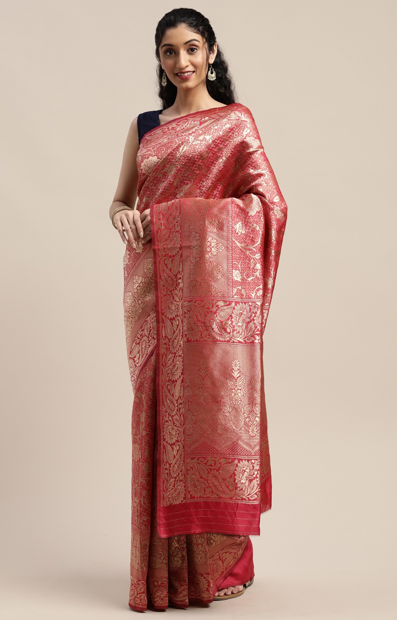 SHAILY RETAILS | Shaily Women's Pink Silk Blend Woven Zari Saree-SHY_BAL2630SR01