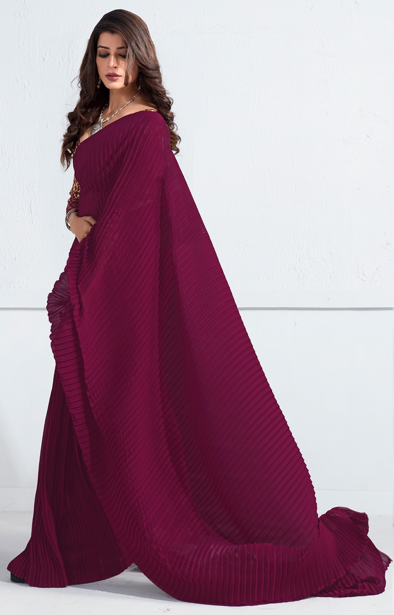 SHAILY RETAILS | Women's Purple Rangoli Silk Pleated Crush Regular Saree Saree-SHY_CRZY_1003_PRPLE