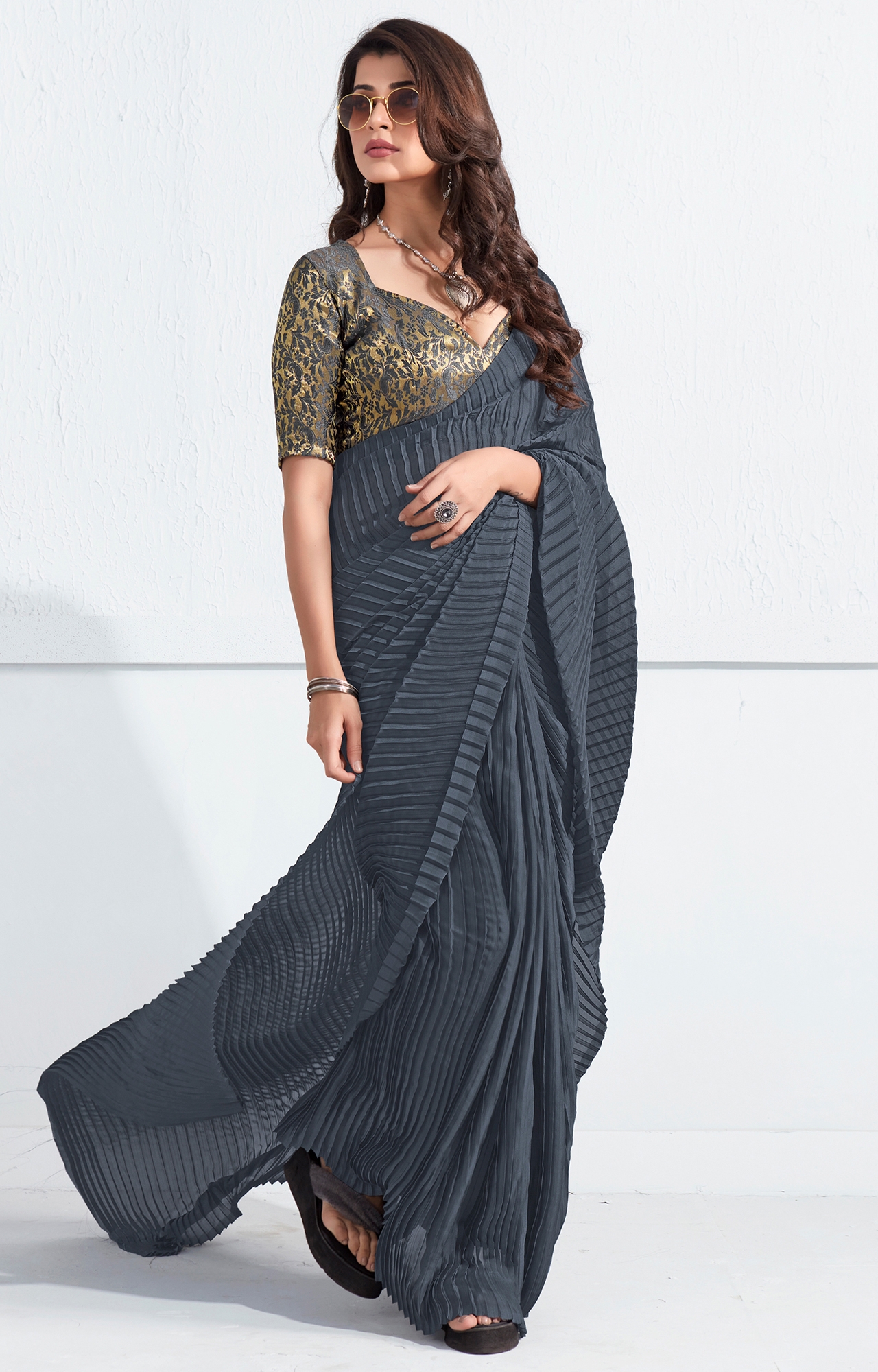 SHAILY RETAILS | Women's Grey Rangoli Silk Pleated Crush Regular Saree Saree-SHY_CRZY_1004_GRY