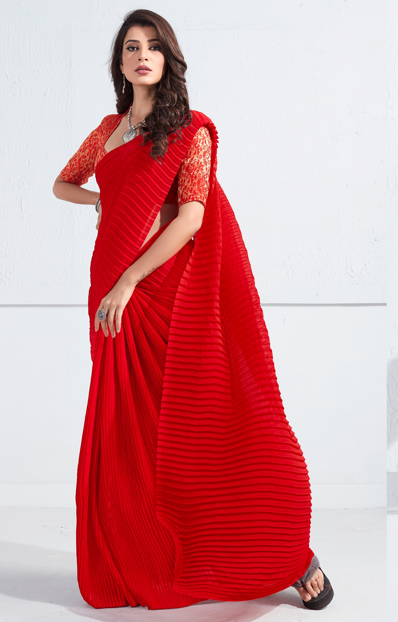 SHAILY RETAILS | Women's Red Rangoli Silk Pleated Crush Regular Saree Saree-SHY_CRZY_1005_RED