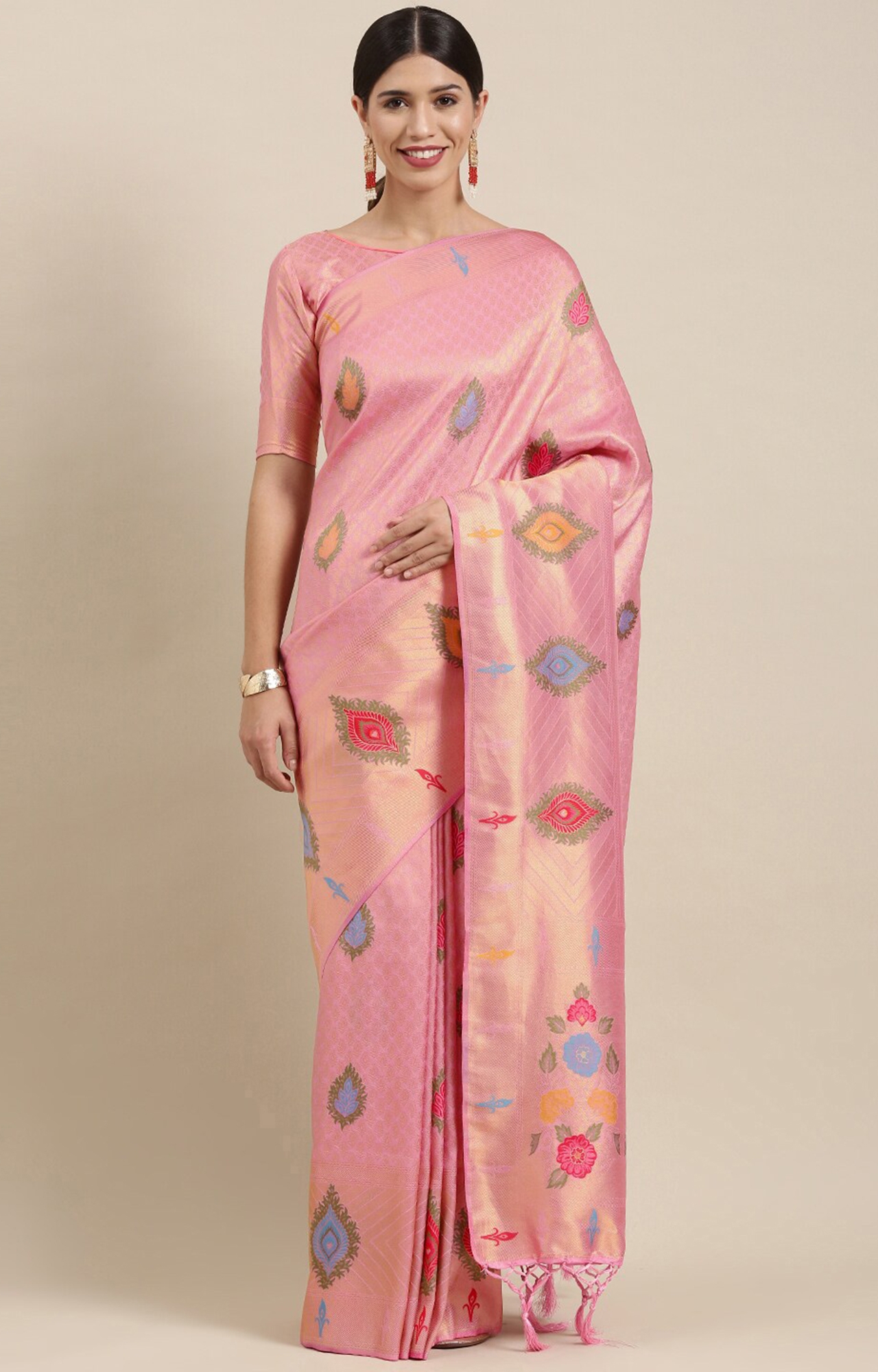 SHAILY RETAILS | Shaily Women's Pink Silk Blend Woven Design Saree-SHY_MYR1005PNK_SR01