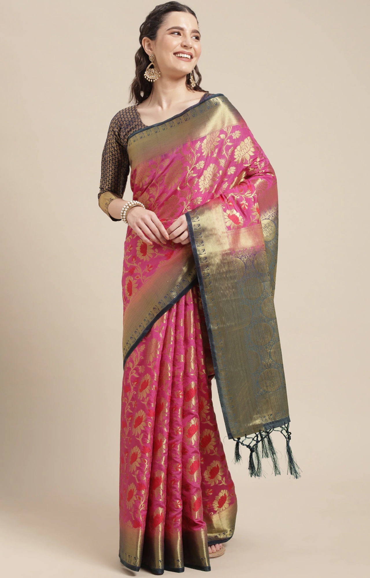 SHAILY RETAILS | Shaily Women's Pink Silk Blend Woven Saree-SHY_MYR1009PNKSR01