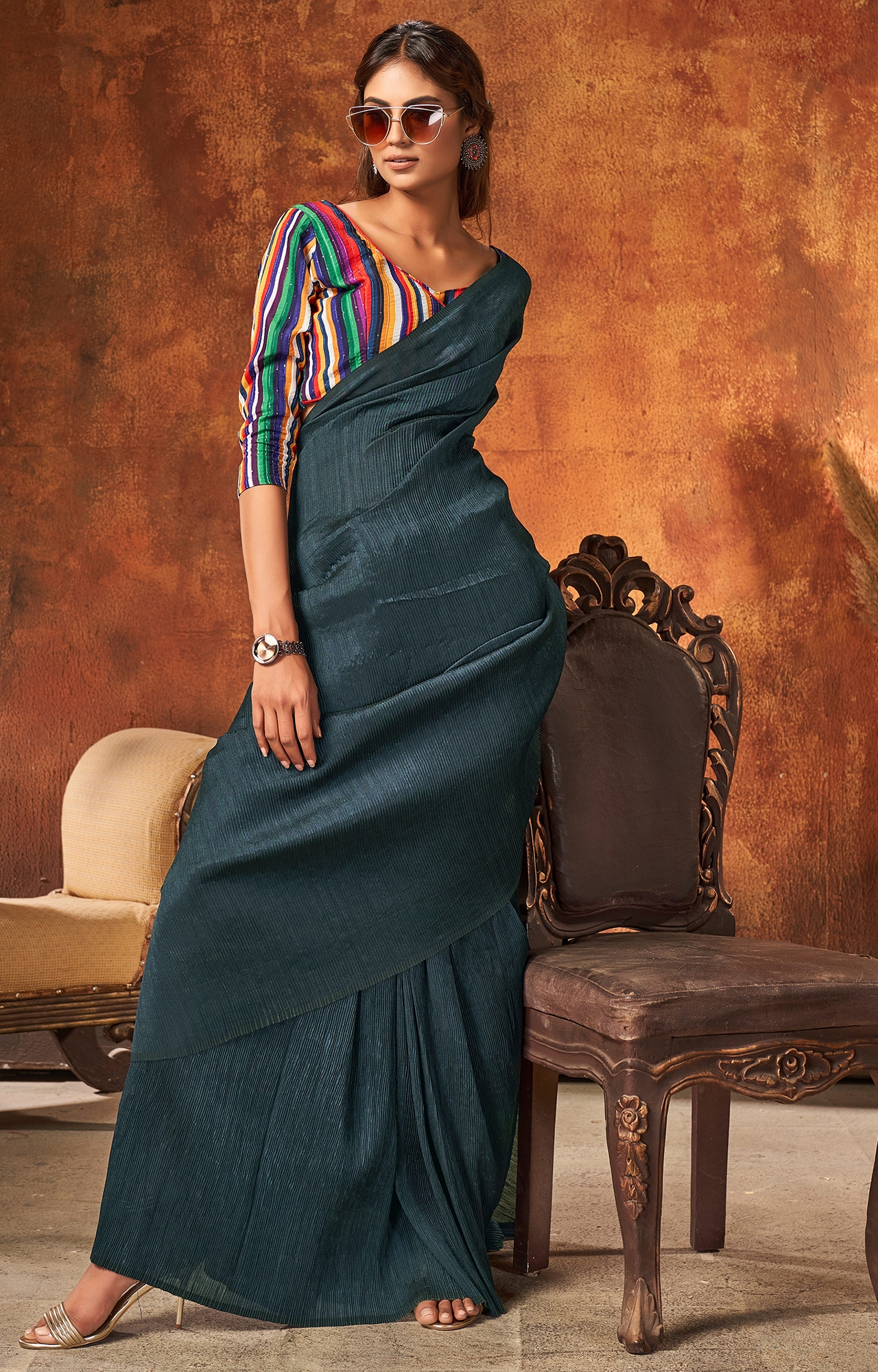 SHAILY RETAILS | Women's Grey Rangoli Silk Pleated Crush Regular Saree Saree-SHY_SENORITA_1005_GRY