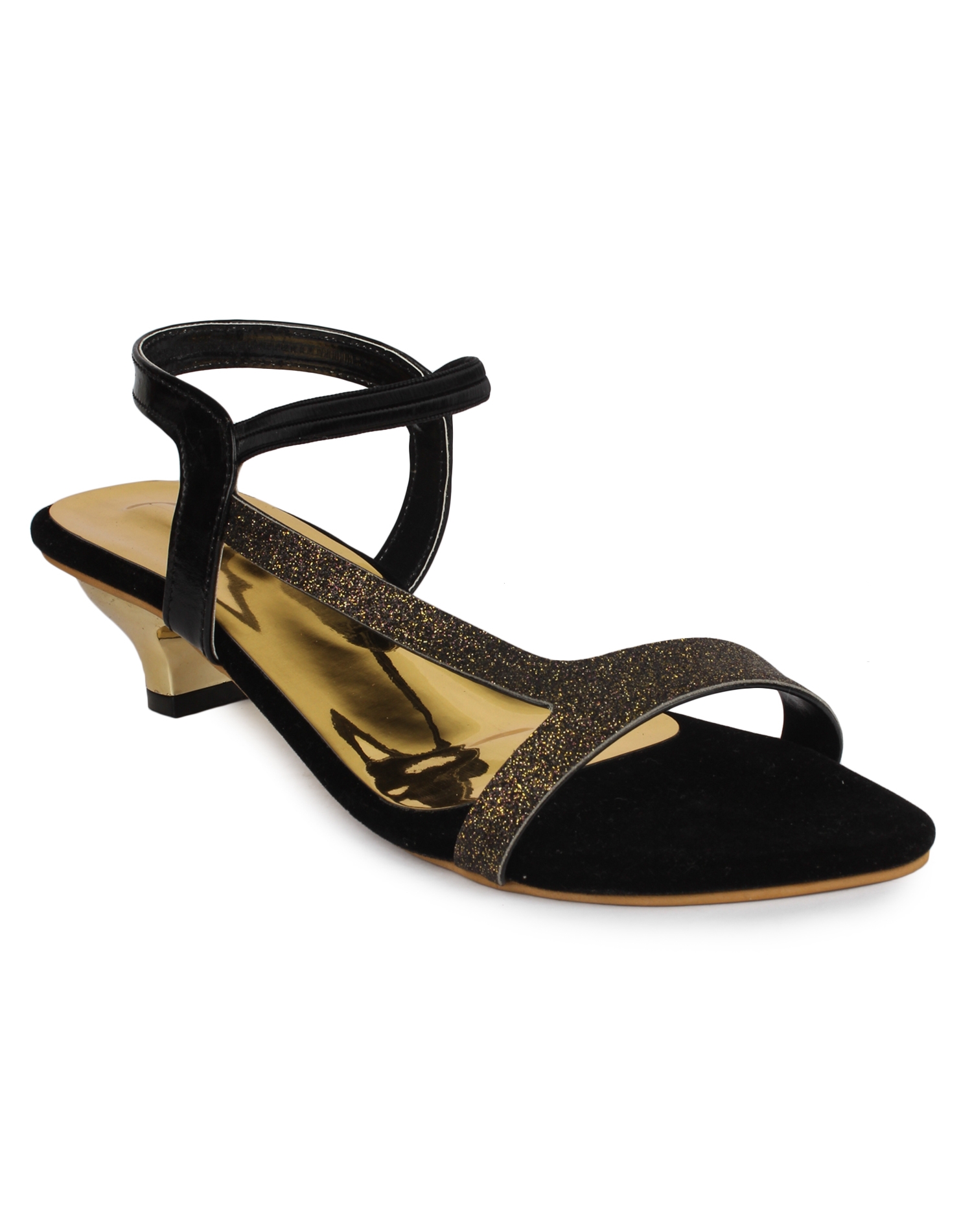 Shoetopia | Shoetopia Women Black Gold Colourblocked Glitter Kitten Heels