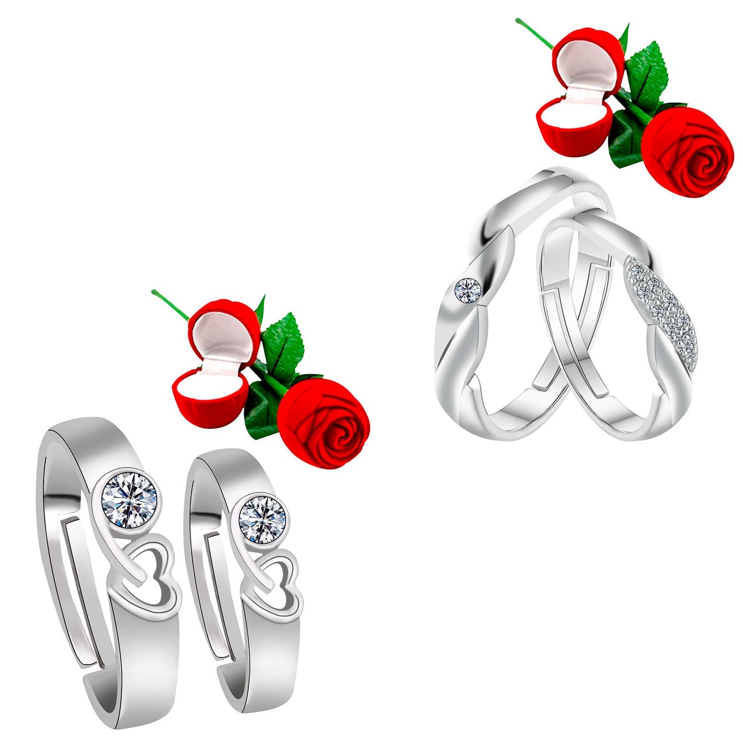 SILVER SHINE |  Adjustable Couple Rings Set for lovers with 2 Piece Red Rose Gift Box Silver Plated Designer Ring for Men and Women 