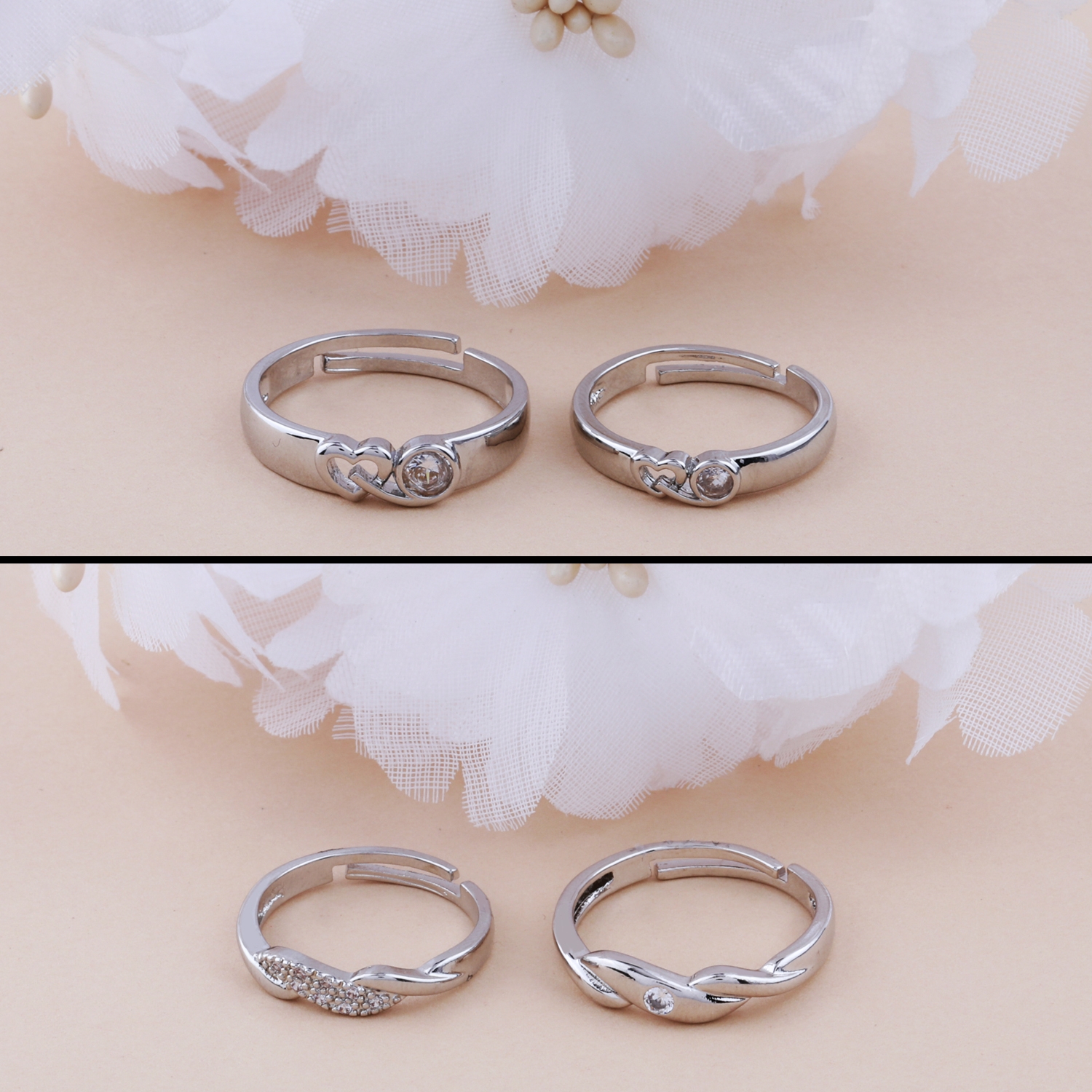 SILVER SHINE |  Adjustable Couple Rings Set for lovers Silver Plated Designer Solitaire for Men and Women 2 Pair 