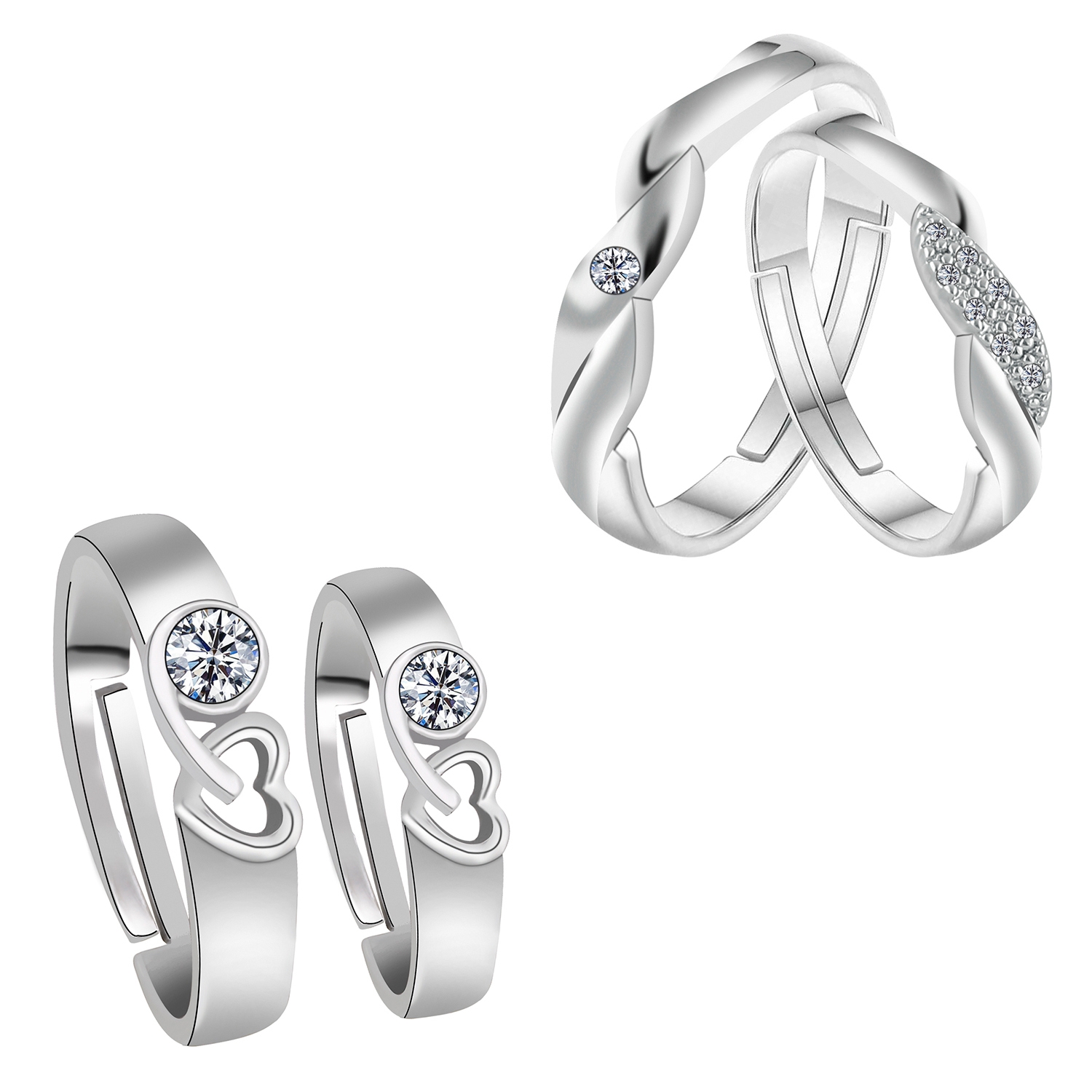 SILVER SHINE |  Adjustable Couple Rings Set for lovers Silver Plated Designer Solitaire for Men and Women 2 Pair  1