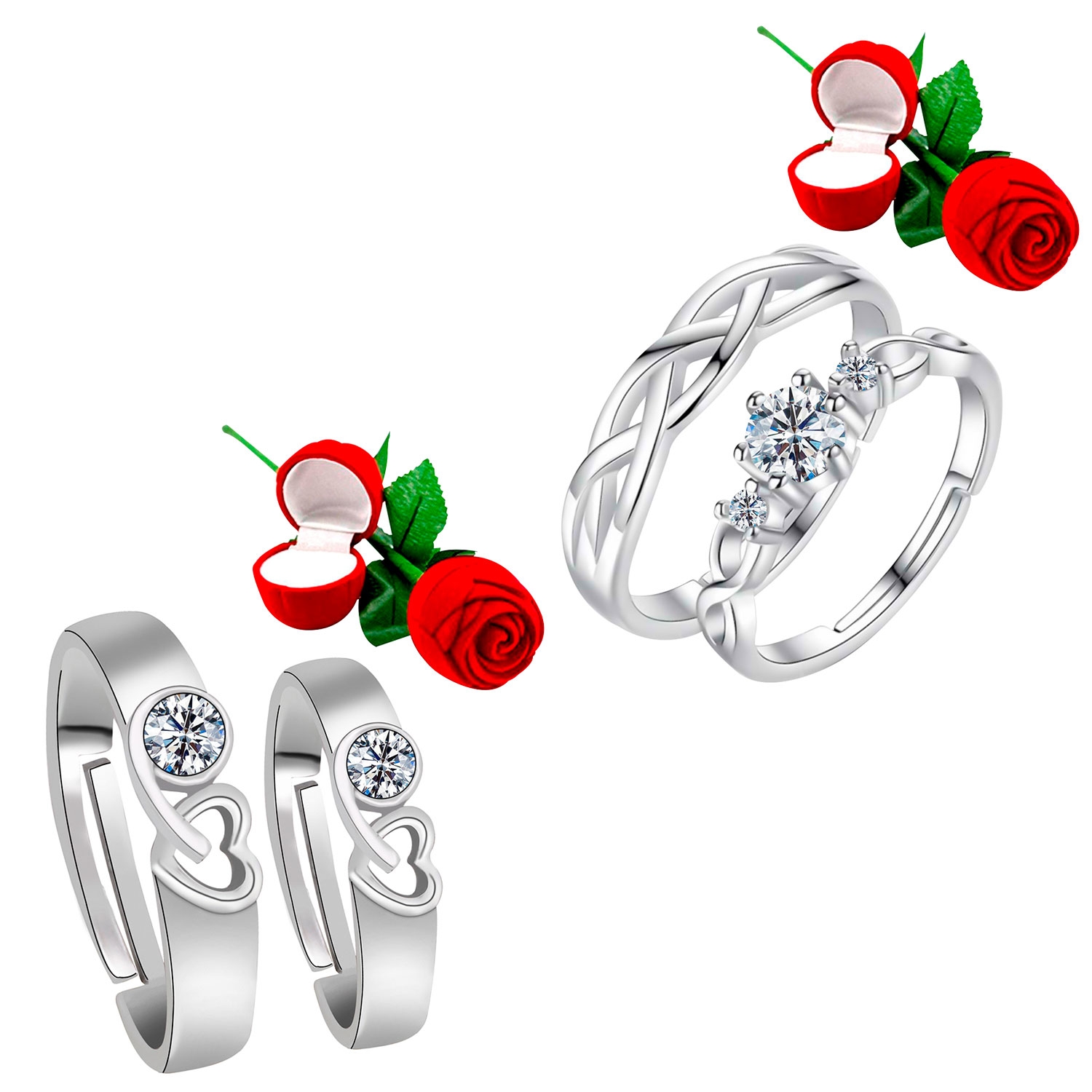SILVER SHINE |  Adjustable Couple Rings Set for lovers Silver Plated with 2 Piece Red Rose Gift Box Party Wear Ring for Men and Women 