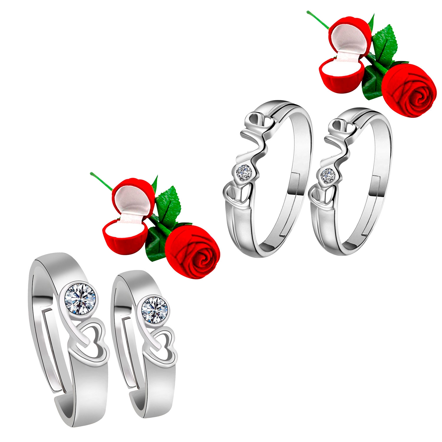 SILVER SHINE |  Stylish Adjustable Couple Rings Set for lovers with 2 Piece Red Rose Gift Box Silver Plated Ring for Men and Women 