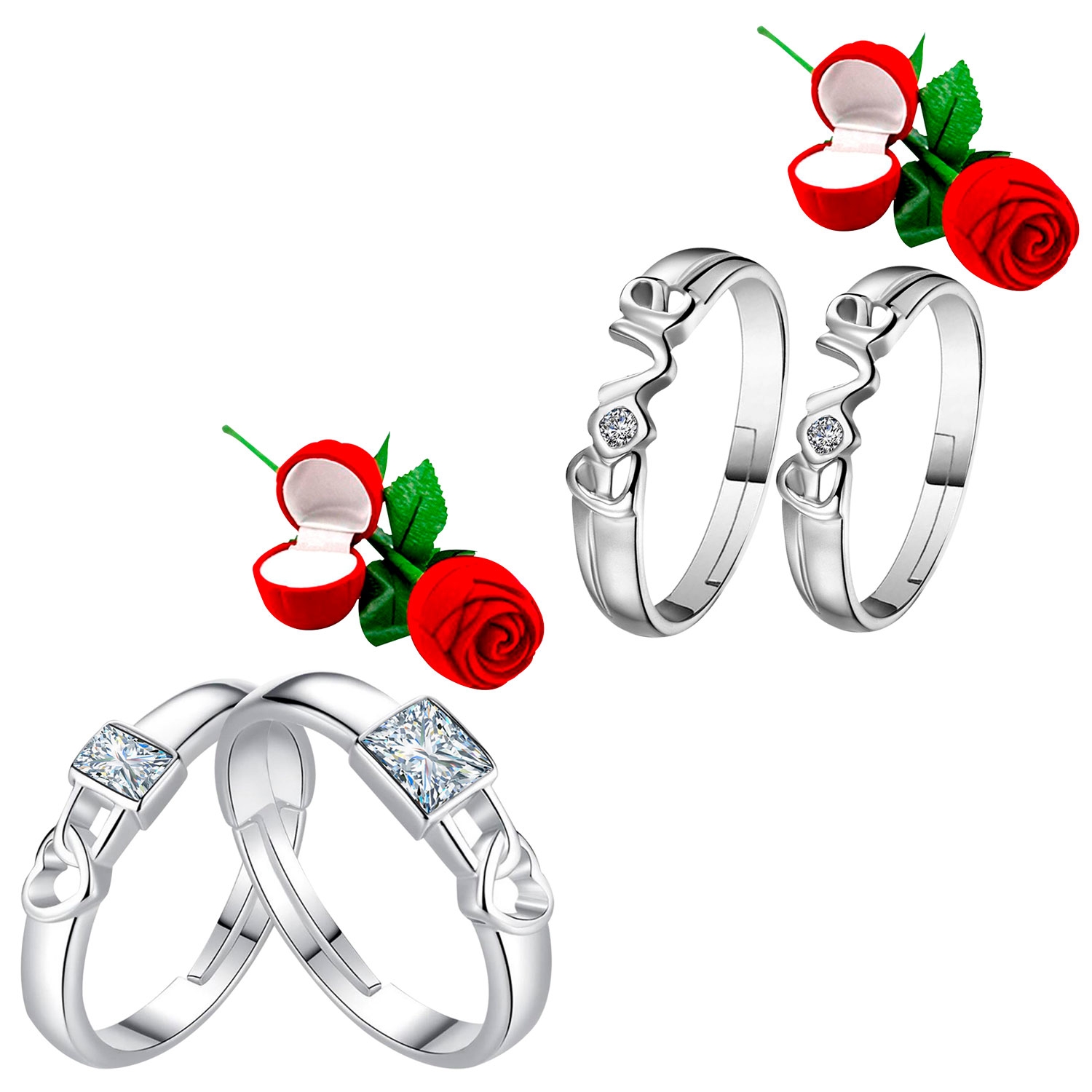 SILVER SHINE |  Adjustable Party Wear Couple Rings Set for lovers with 2 Piece Red Rose Gift Box Silver Plated Ring for Men and Women 