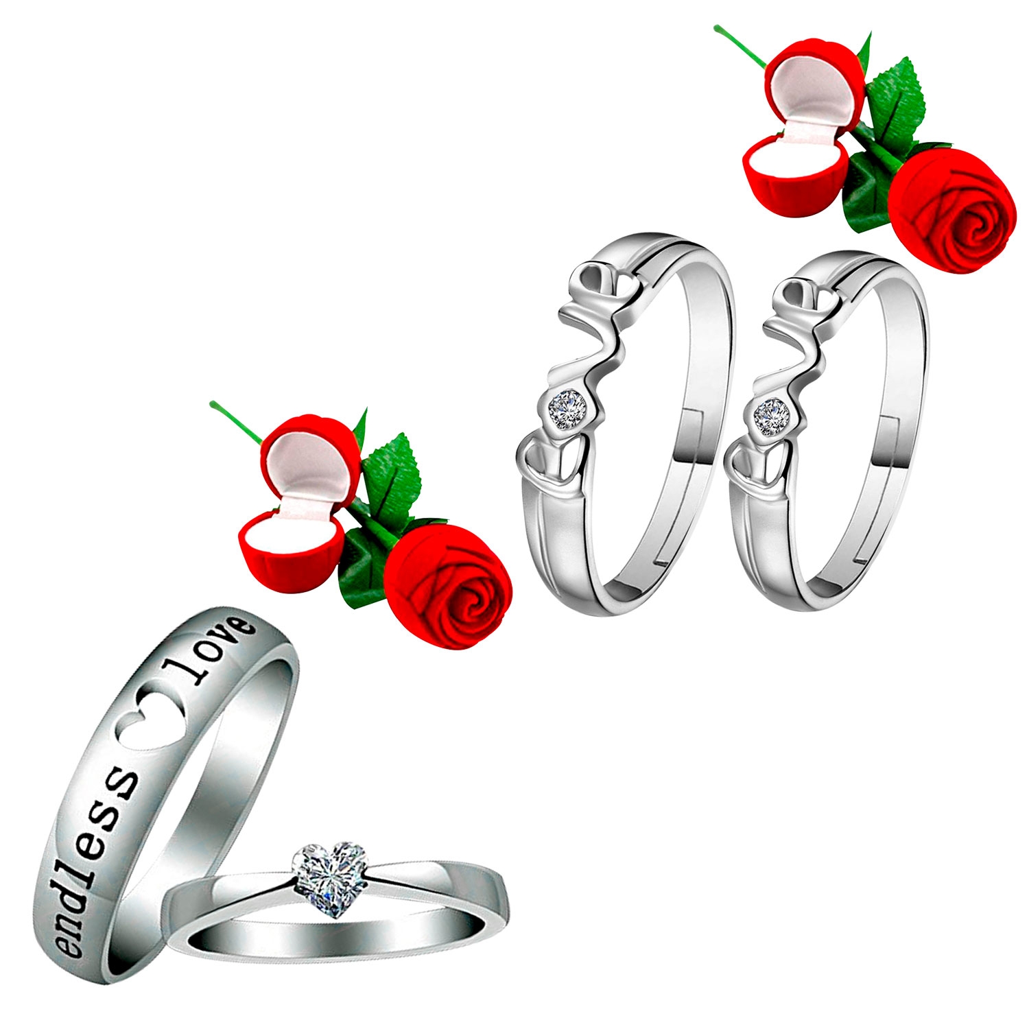 SILVER SHINE |  Silver Plated Adjustable Couple Rings Set for lovers with 2 Piece Red Rose Gift Box Ring for Men and Women 