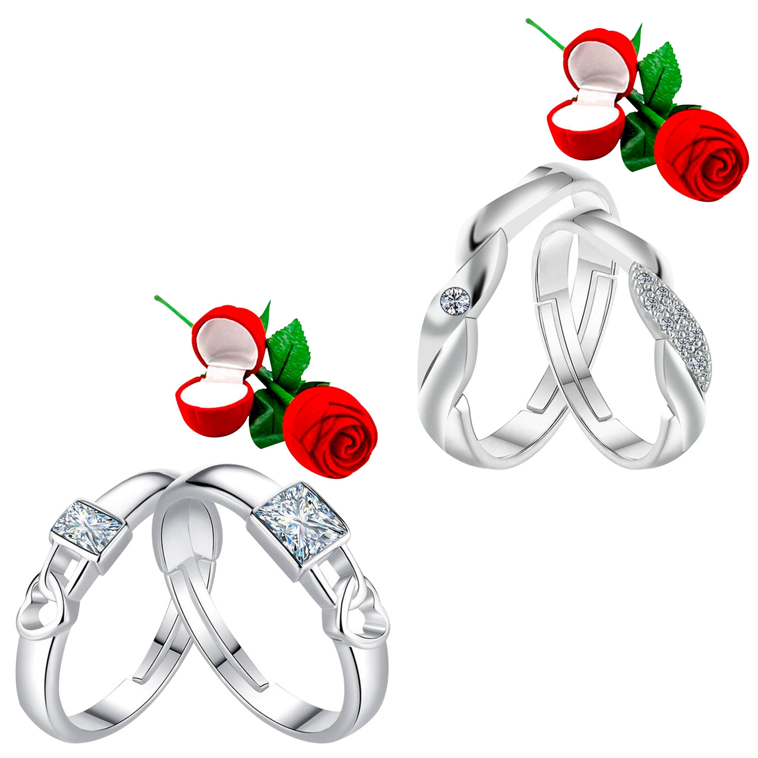 SILVER SHINE |  Adjustable Stylish Couple Rings Set for lovers with 2 Piece Red Rose Gift Box Silver Plated Stylish Ring for Men and Women 