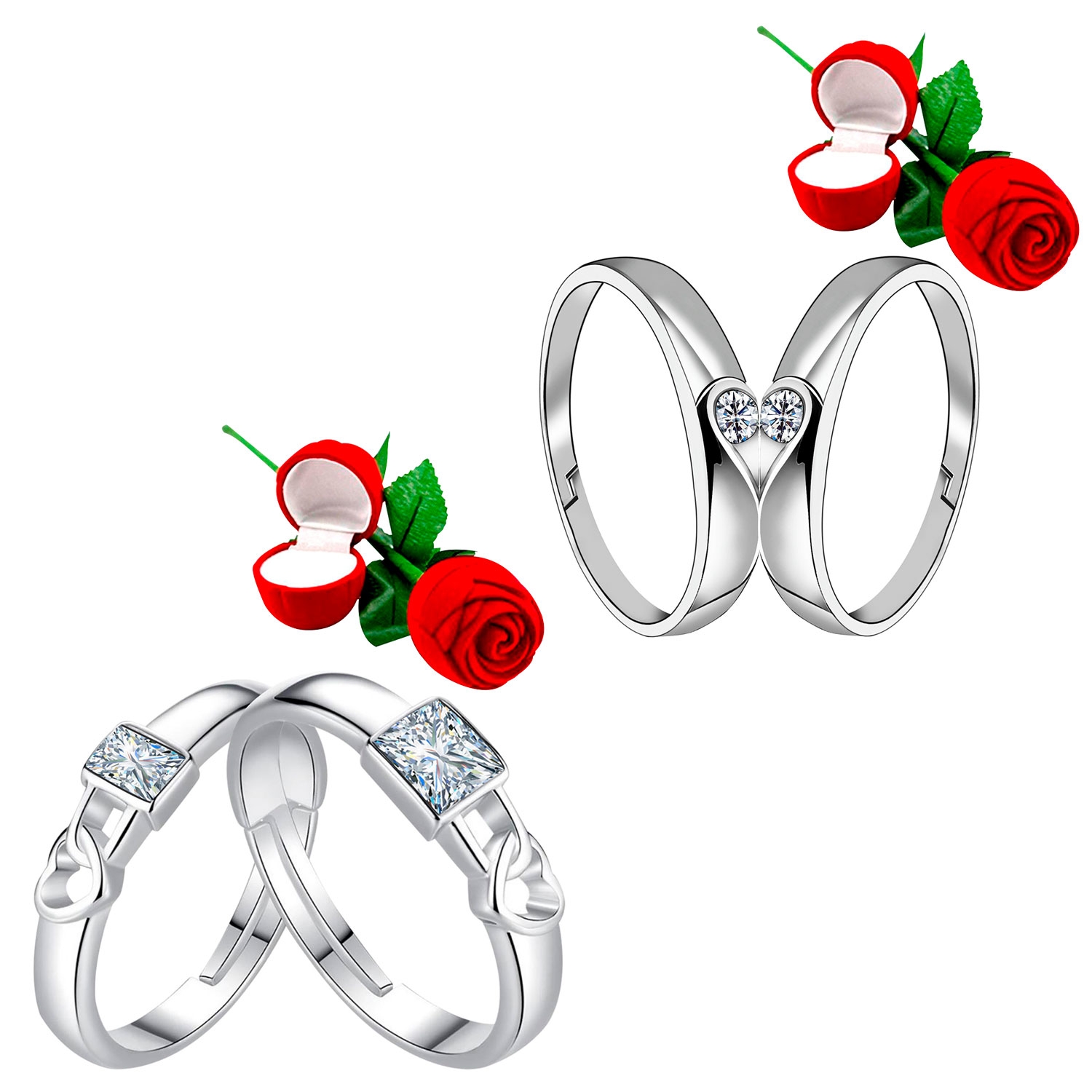 SILVER SHINE |  Designer Adjustable Couple Rings Set for lovers Silver Plated with 2 Piece Red Rose Gift Box Stylish Ring for Men and Women 