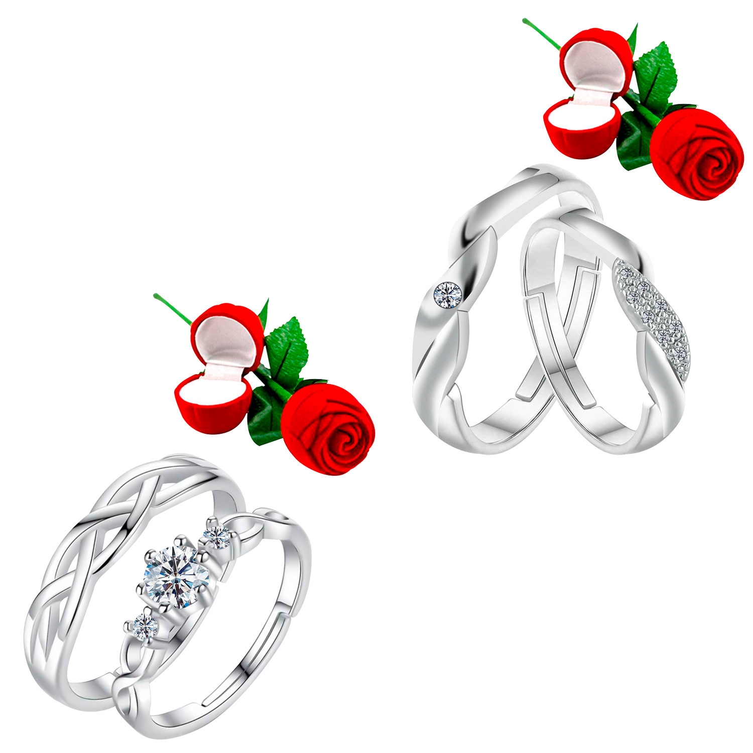 SILVER SHINE |  Adjustable Couple Rings Set for lovers with 2 Piece Red Rose Gift Box Silver Plated Stylish Fancy Ring for Men and Women 