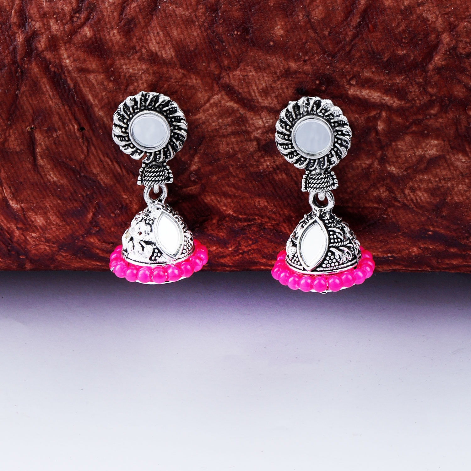SILVER SHINE |  Elegant Pink Mirror with Beads Jhumki Earrings