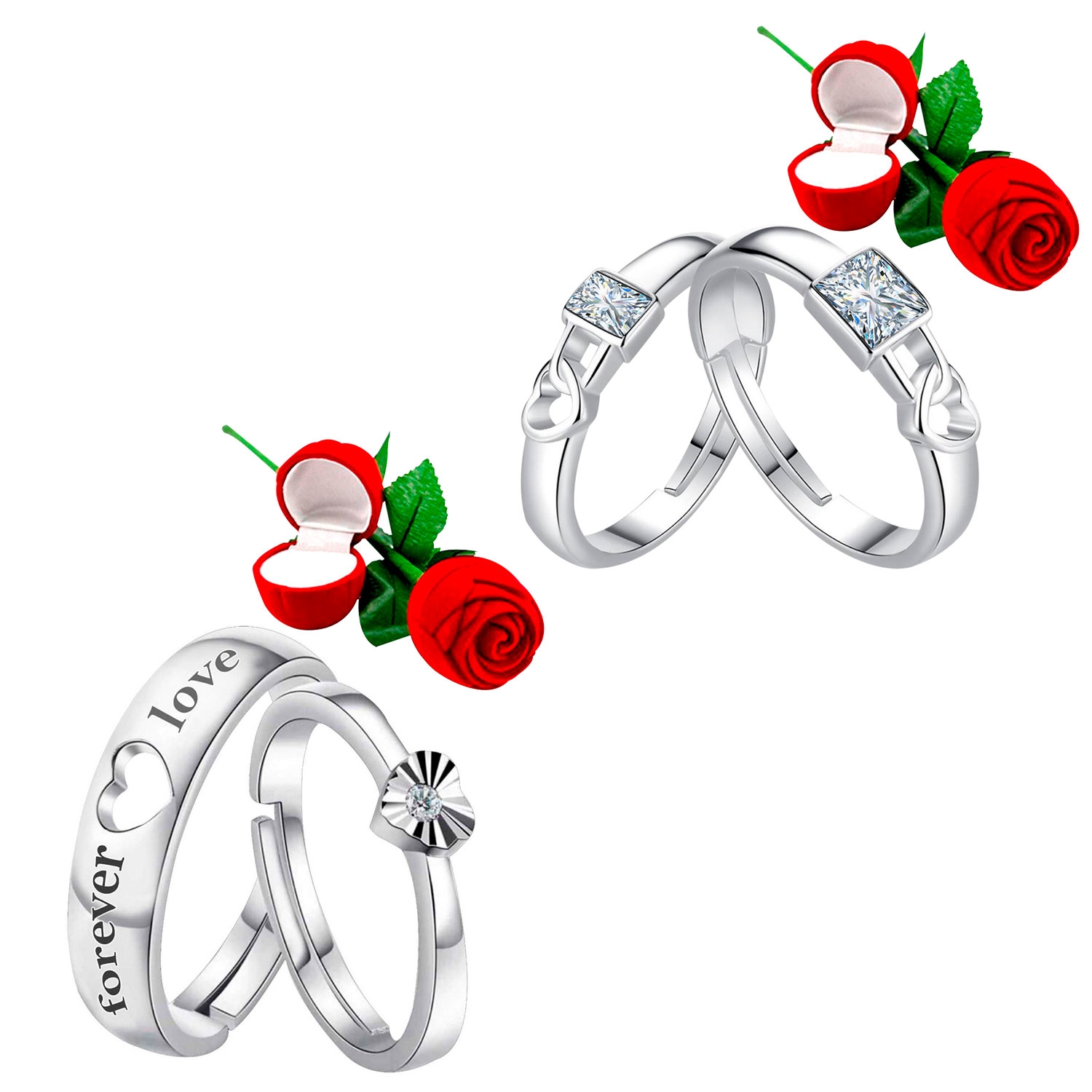 SILVER SHINE |  Designer Adjustable Couple Rings Set for lovers with 2 Piece Red Rose Gift Box Silver Plated Ring for Men and Women 