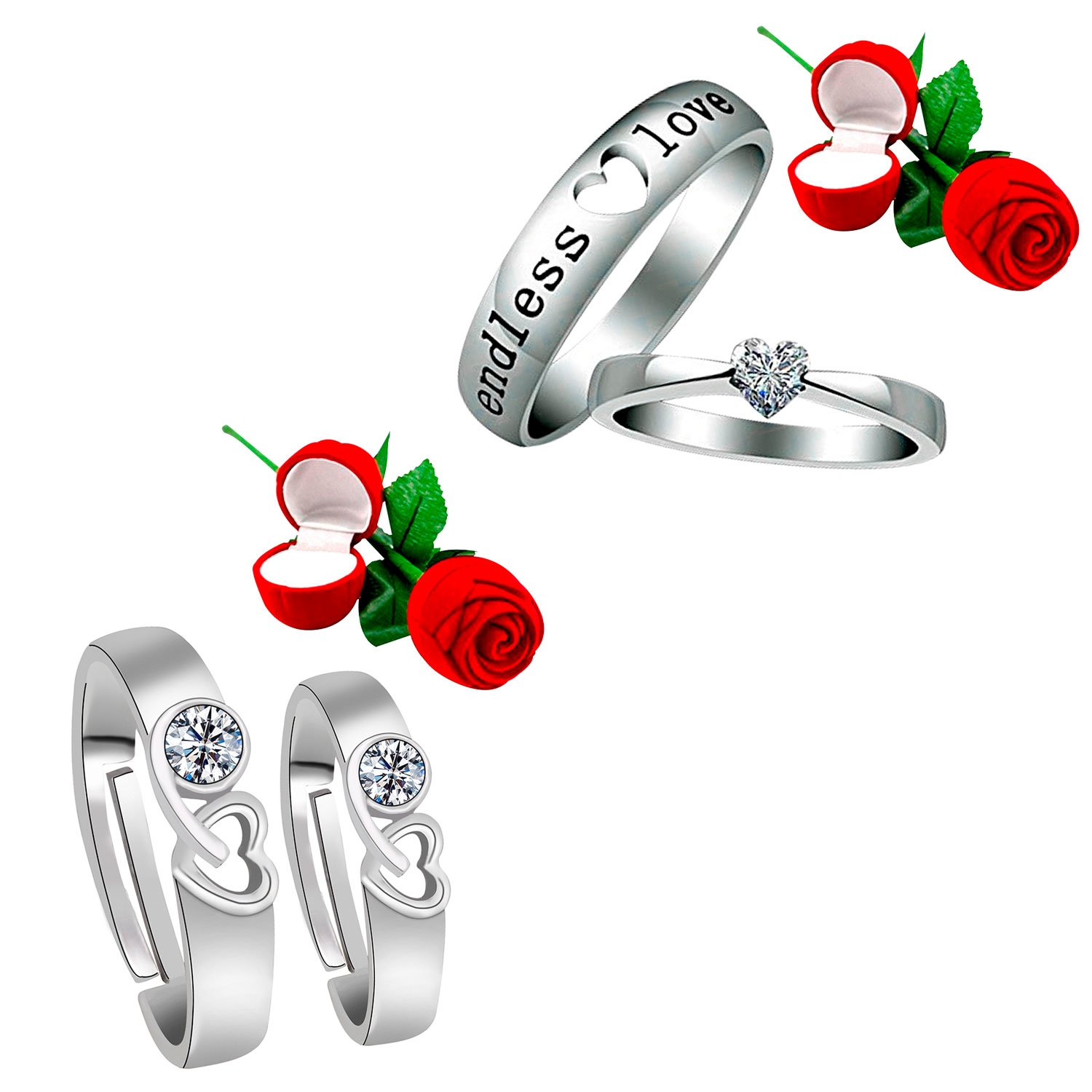 SILVER SHINE |  Party Wear Adjustable Couple Rings Set for lovers with 2 Piece Red Rose Gift Box Silver Plated Ring for Men and Women 