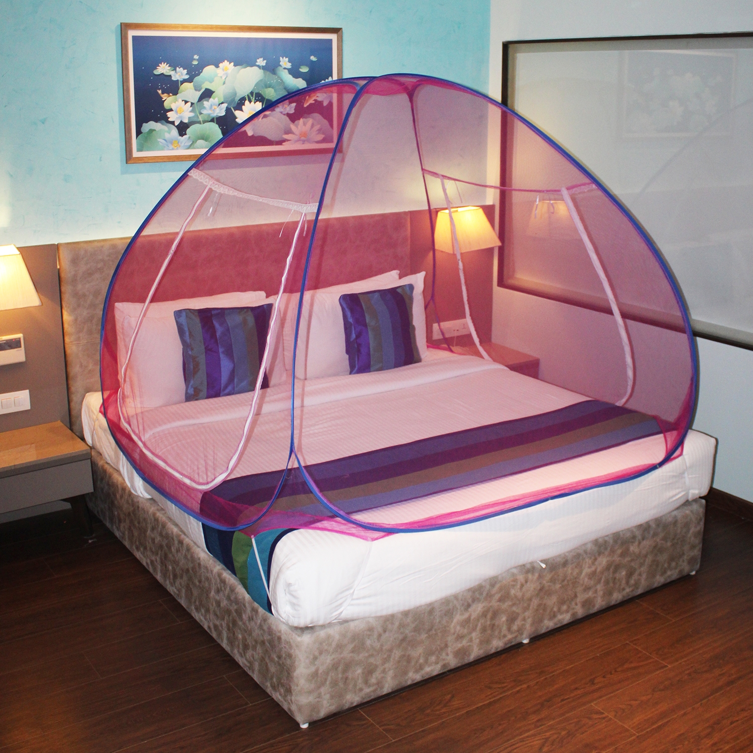 SILVER SHINE |  Mosquito Net Light Pink And Blue Foldable Double Bed Net King Size 