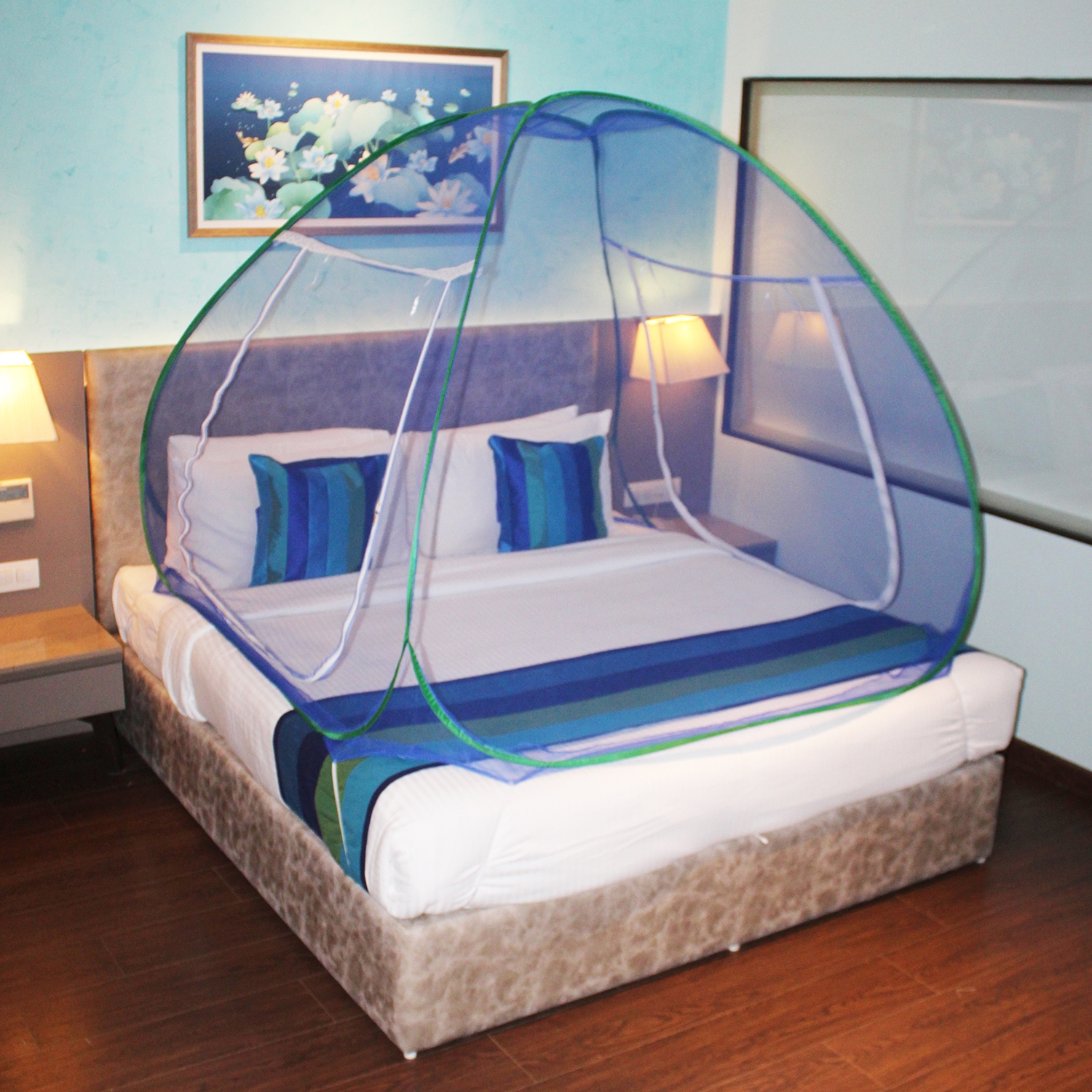 SILVER SHINE |  Mosquito Net Sky Blue And Green Foldable Double Bed Net King Size 