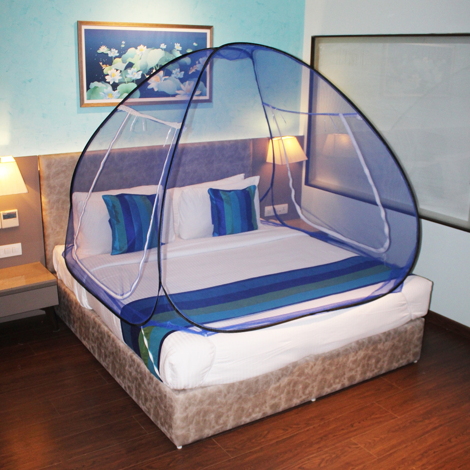 SILVER SHINE |  Mosquito Net Sky Blue And Black Foldable Double Bed Net King Size 
