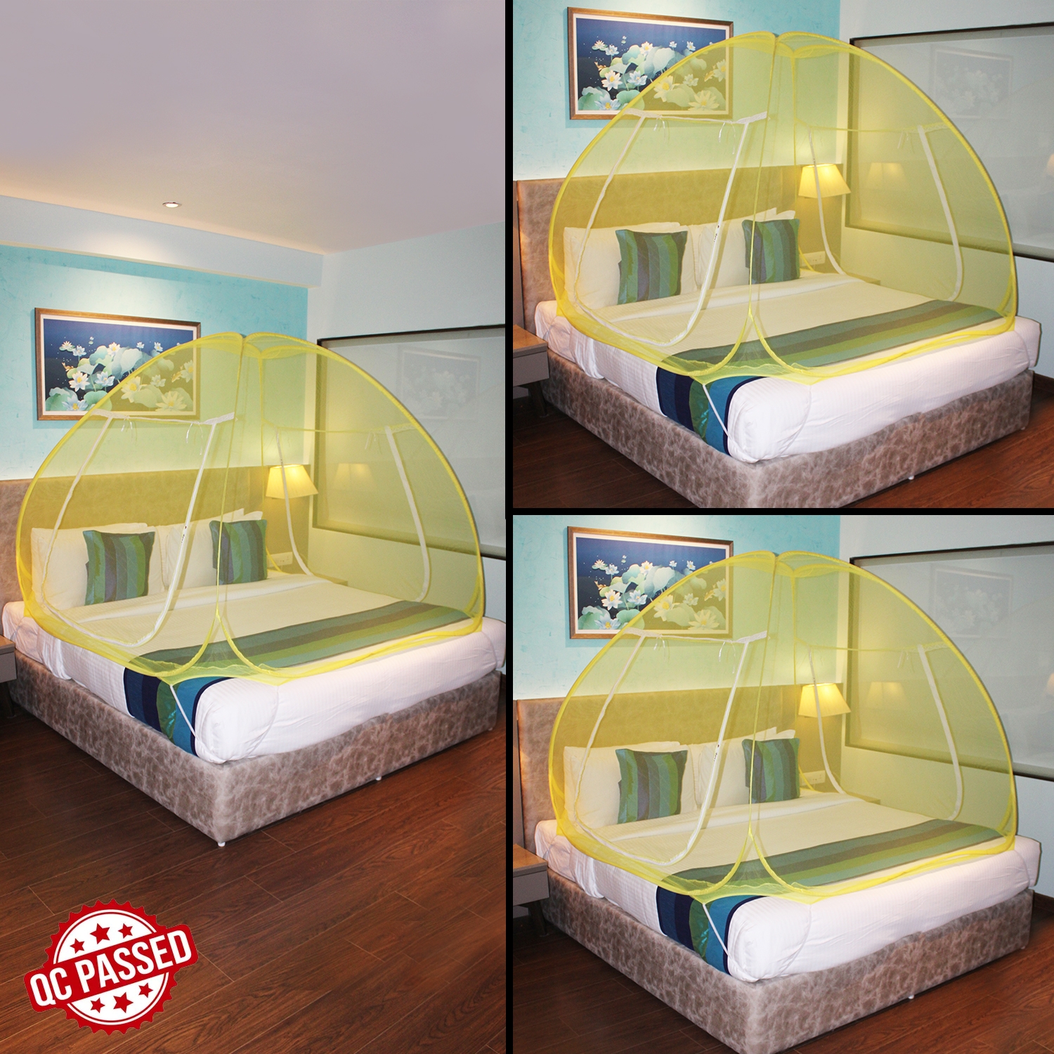 SILVER SHINE |  Mosquito Net Yellow And Yellow Foldable Double Bed Net King Size Pack Of 3 
