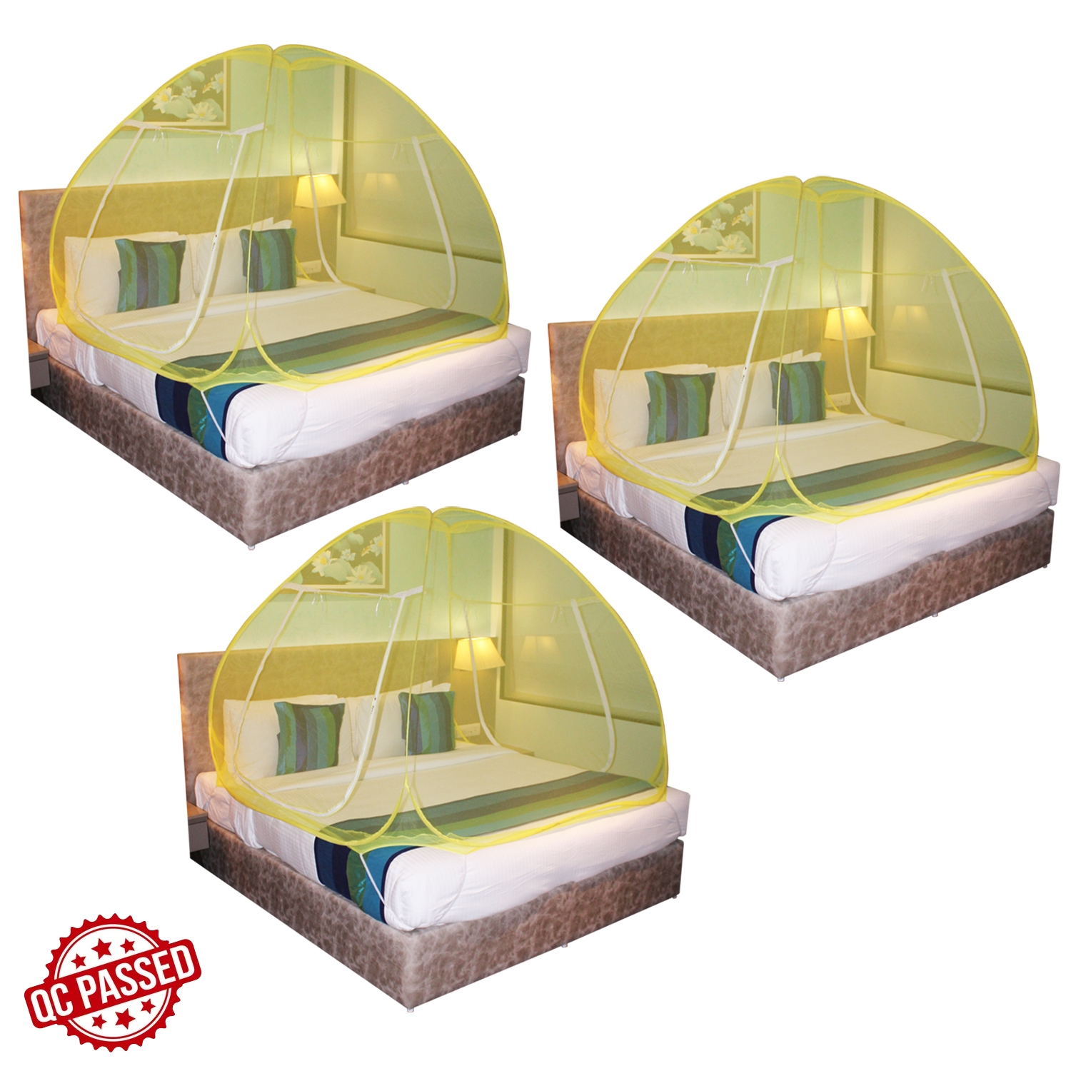  Mosquito Net Yellow And Yellow Foldable Double Bed Net King Size Pack Of 3 
