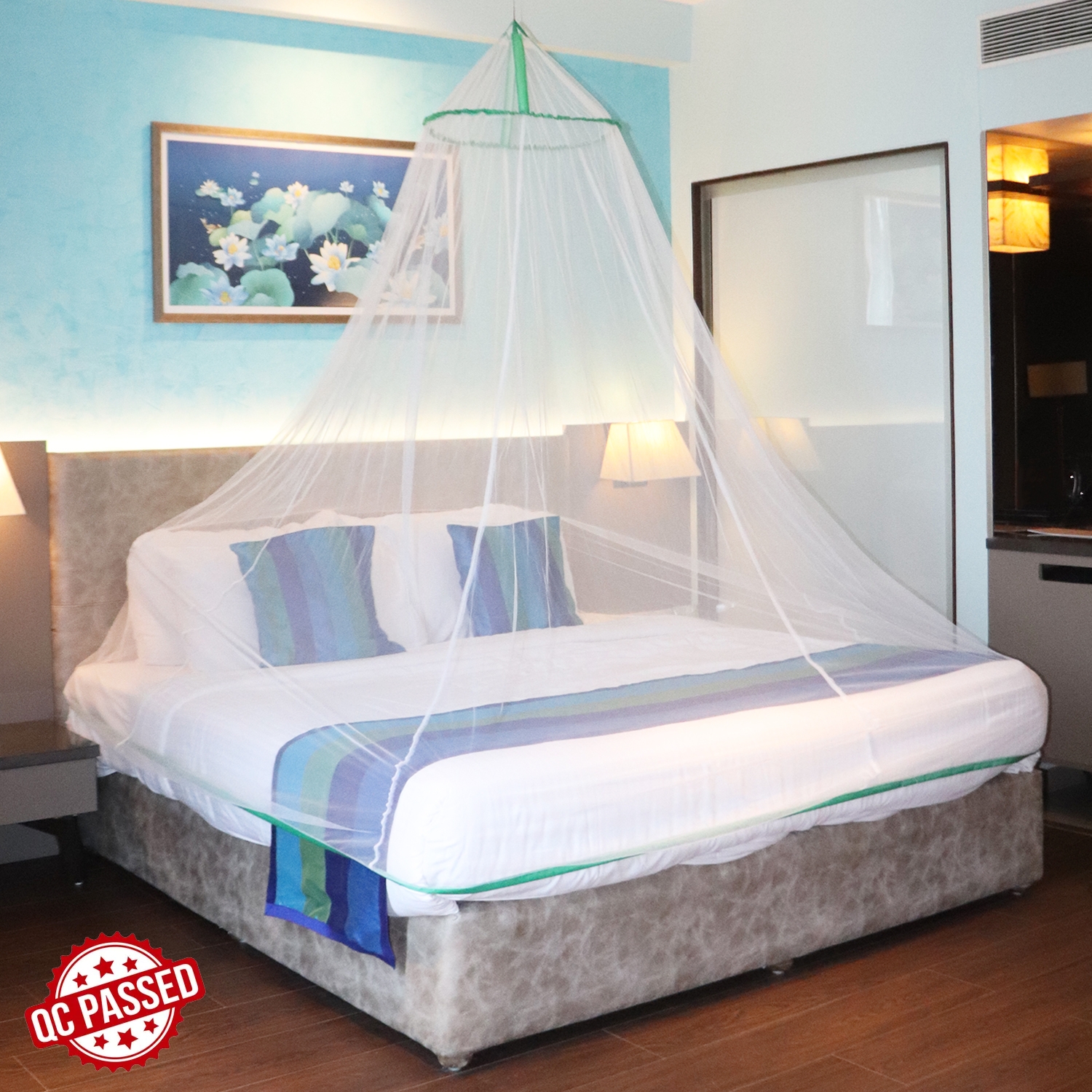 Mosquito Net for Double Bed, King-Size, Round Ceiling Hanging Foldable Polyester Net White And Green