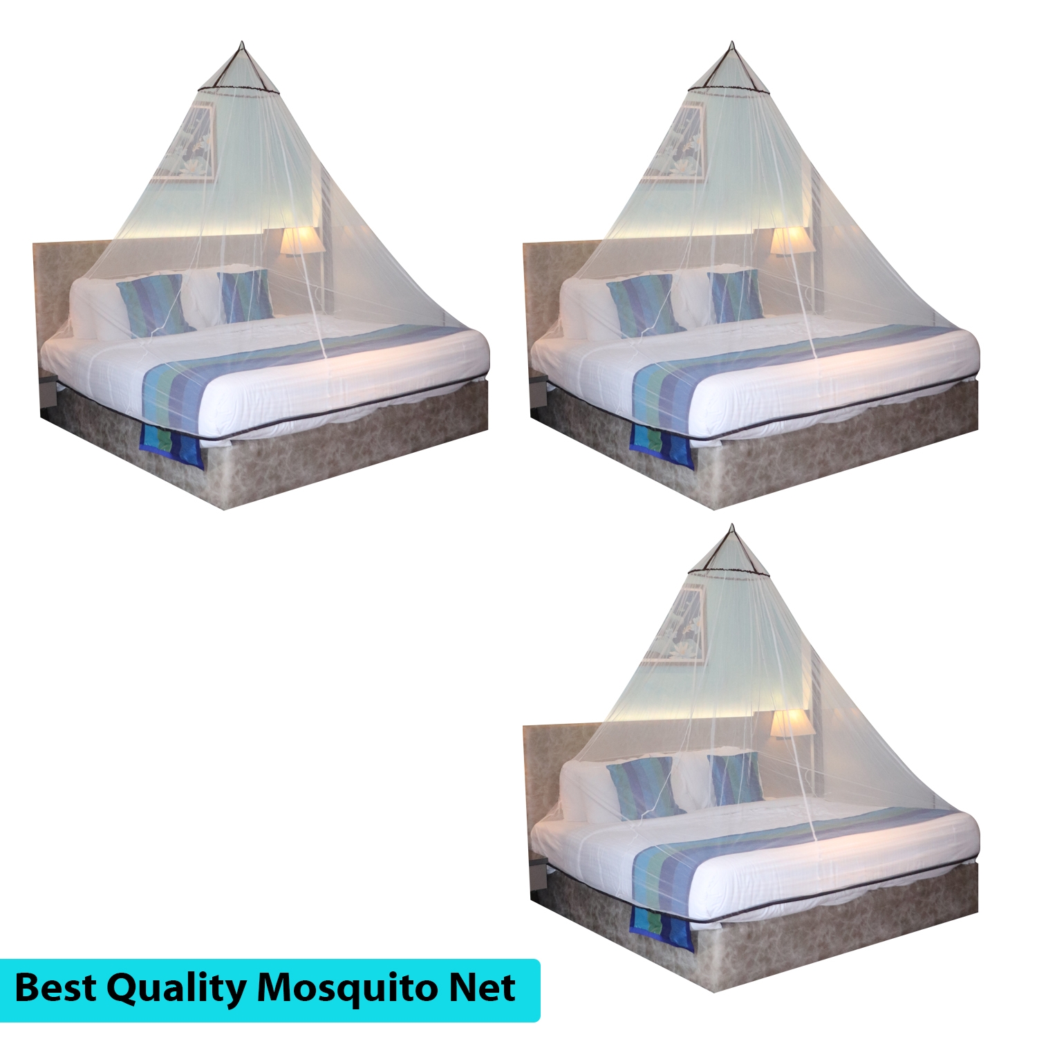 SILVER SHINE | Mosquito Net for Double Bed, King-Size, Round Ceiling Hanging Foldable Polyester Net White And Brown Pack 3 