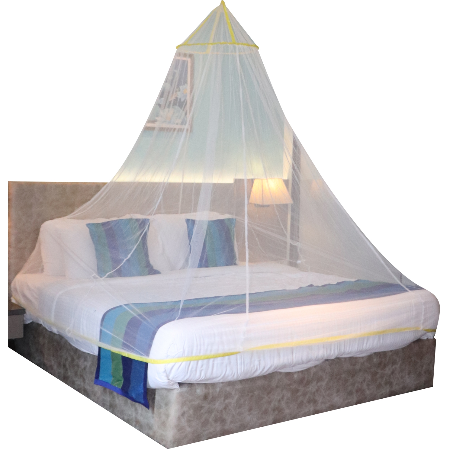 Mosquito Net for Double Bed, King-Size, Round Ceiling Hanging Foldable Polyester Net White And Yellow