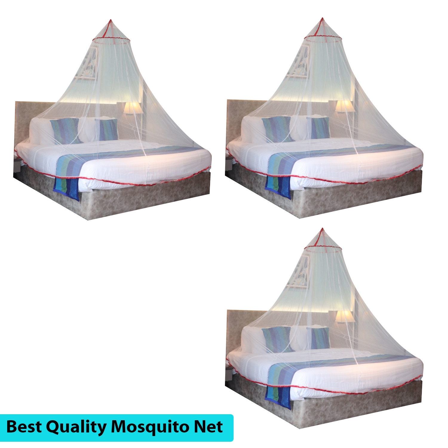 SILVER SHINE | Mosquito Net for Double Bed, King-Size, Round Ceiling Hanging Foldable Polyester Net White And Red  Pack 3 