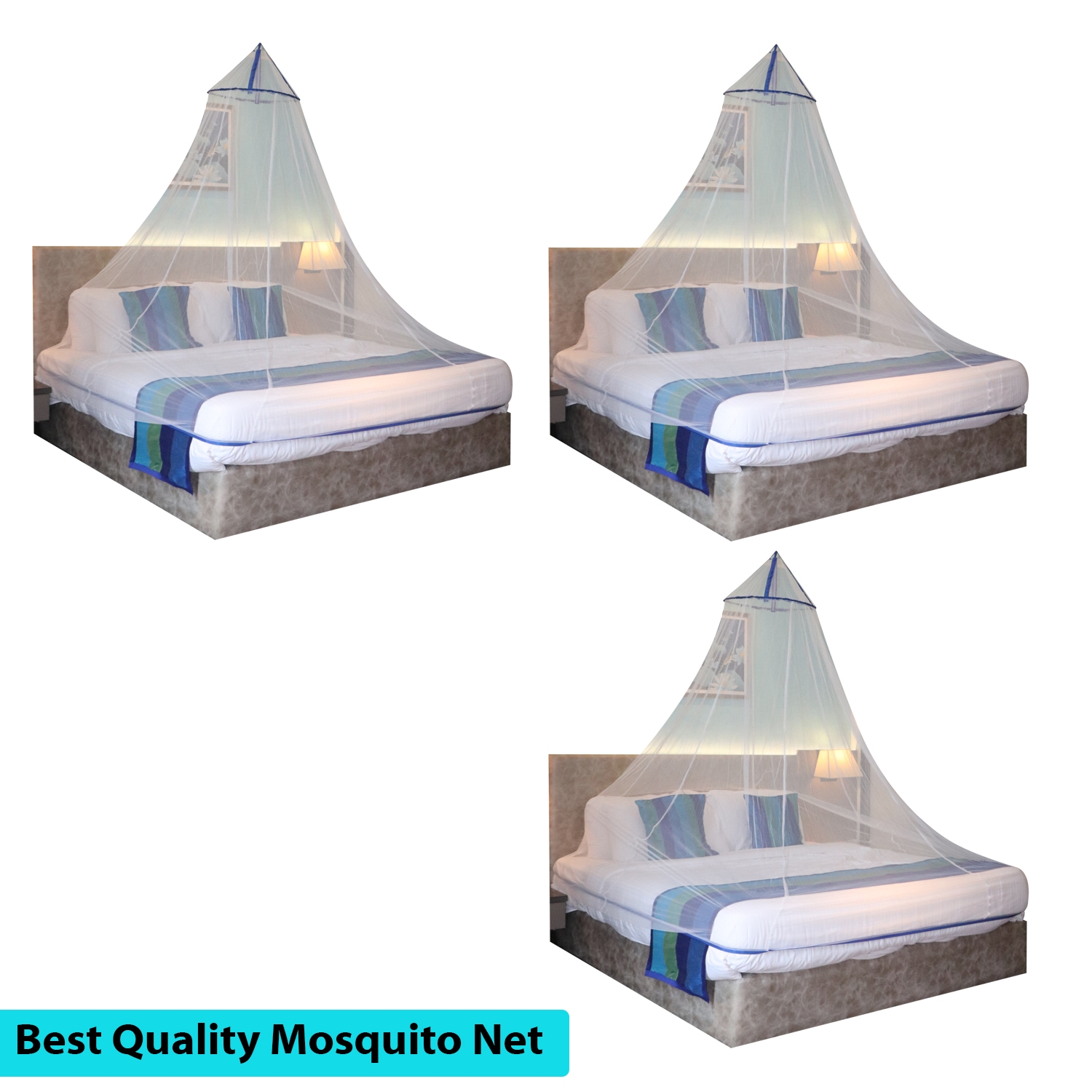 SILVER SHINE | Mosquito Net for Double Bed, King-Size, Round Ceiling Hanging Foldable Polyester Net White And Blue Pack 3 