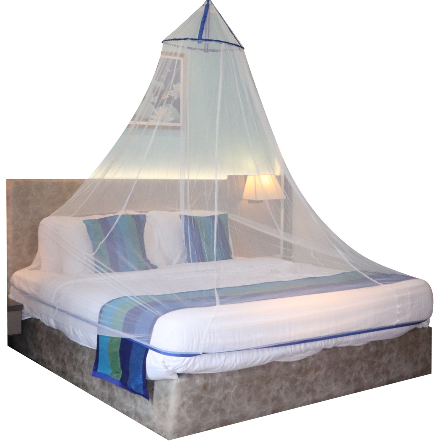 Mosquito Net for Double Bed, King-Size, Round Ceiling Hanging Foldable Polyester Net White And Blue