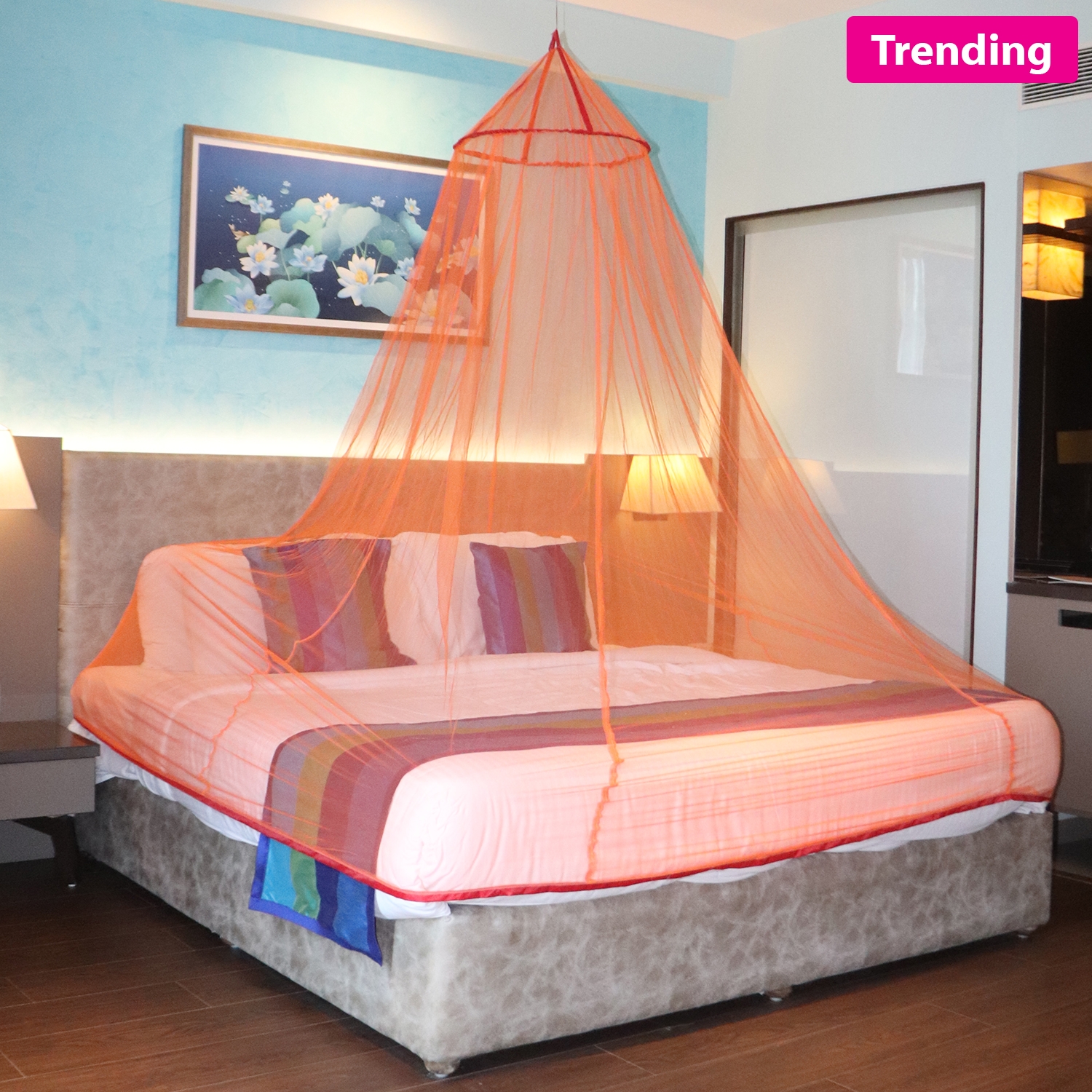Mosquito Net for Double Bed, King-Size, Round Ceiling Hanging Foldable Polyester Net Orange