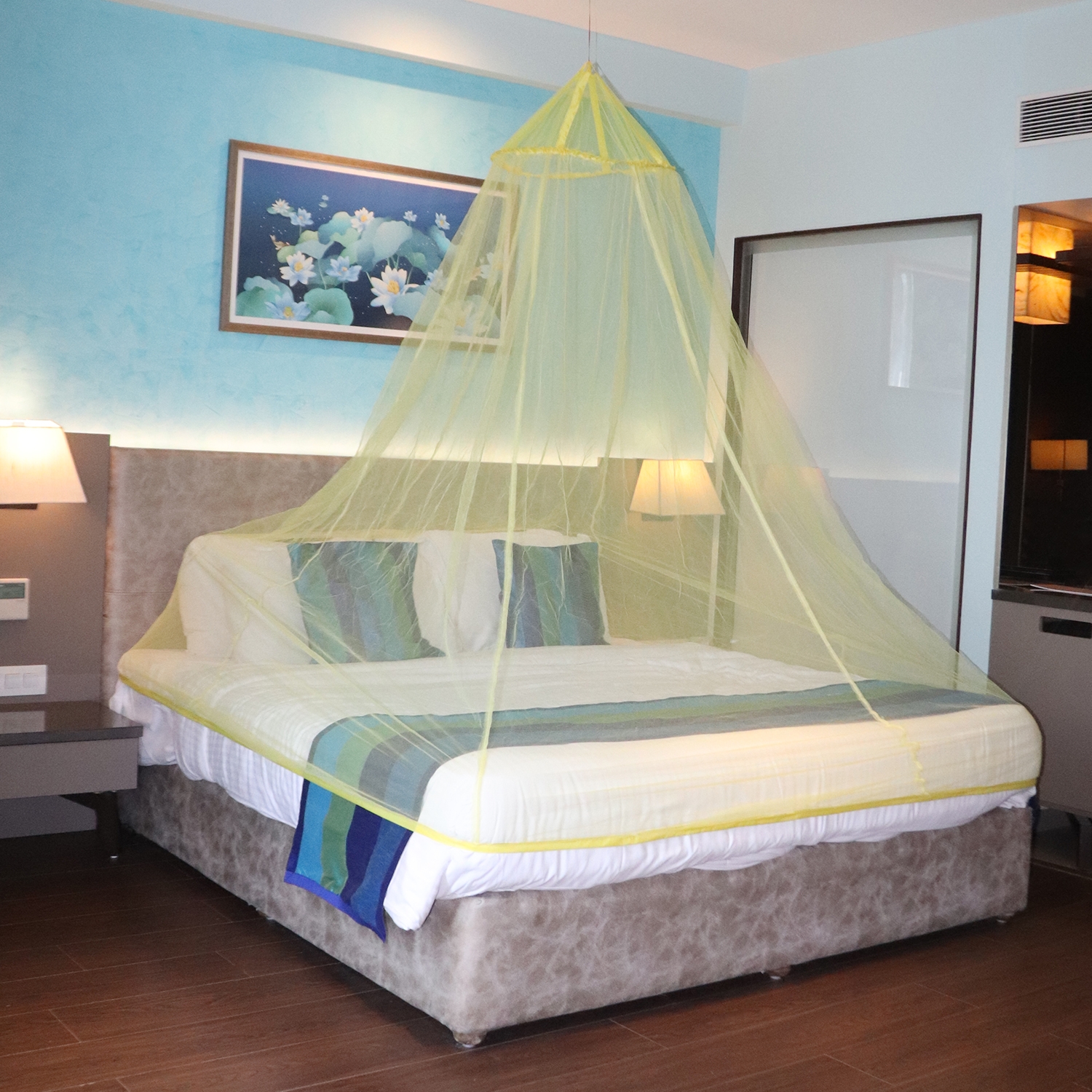 Mosquito Net for Double Bed, King-Size, Round Ceiling Hanging Foldable Polyester Net Yellow