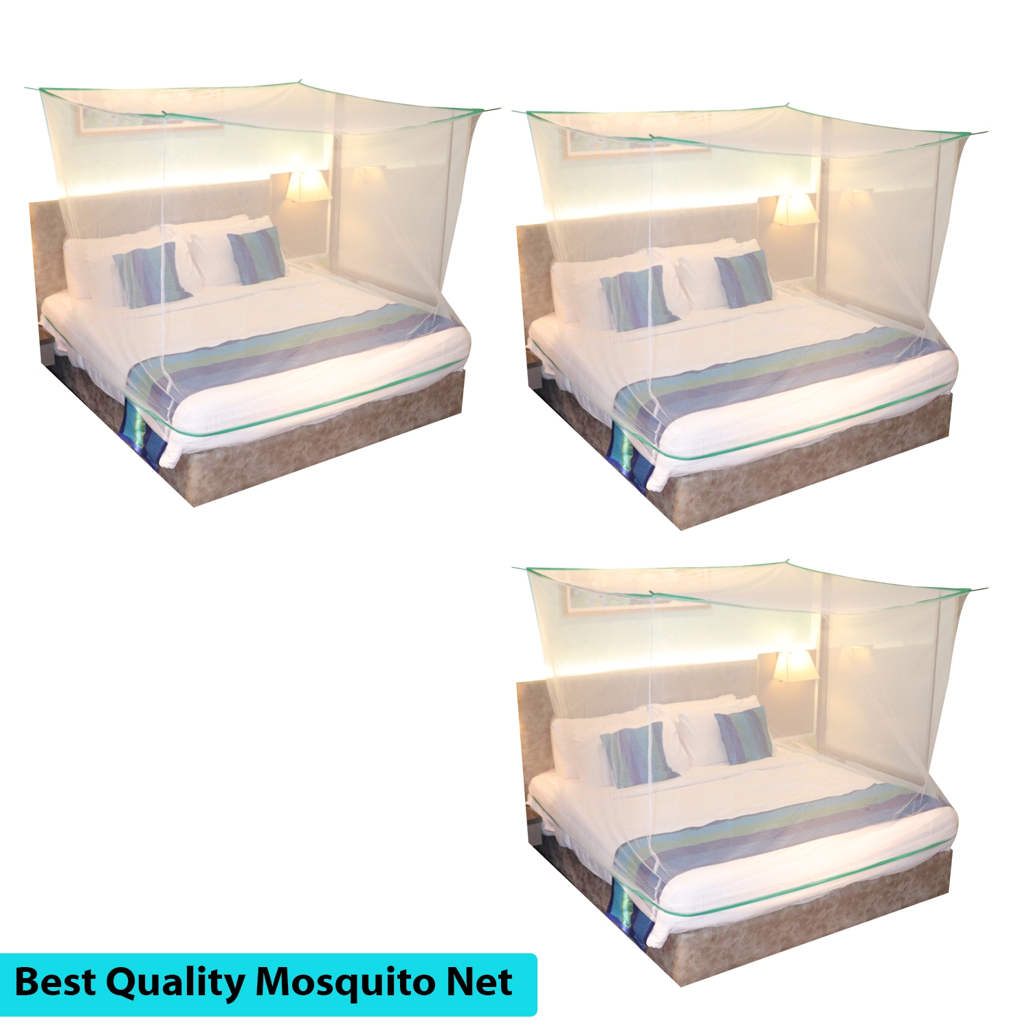 SILVER SHINE | Mosquito Net for Double Bed, King-Size, Square Hanging Foldable Polyester Net White And GreenPack of 3