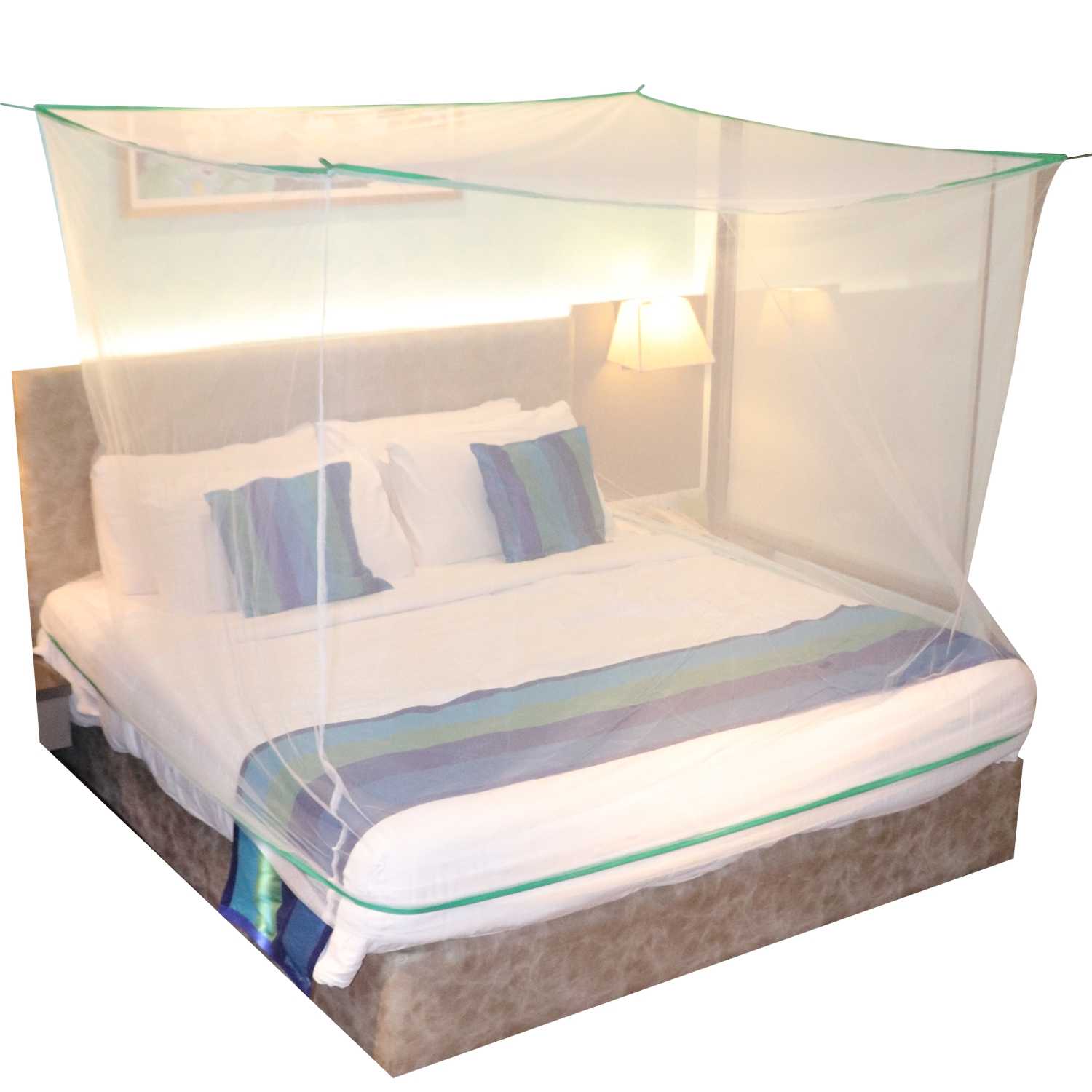 Mosquito Net for Double Bed, King-Size, Square Hanging Foldable Polyester Net White And Green