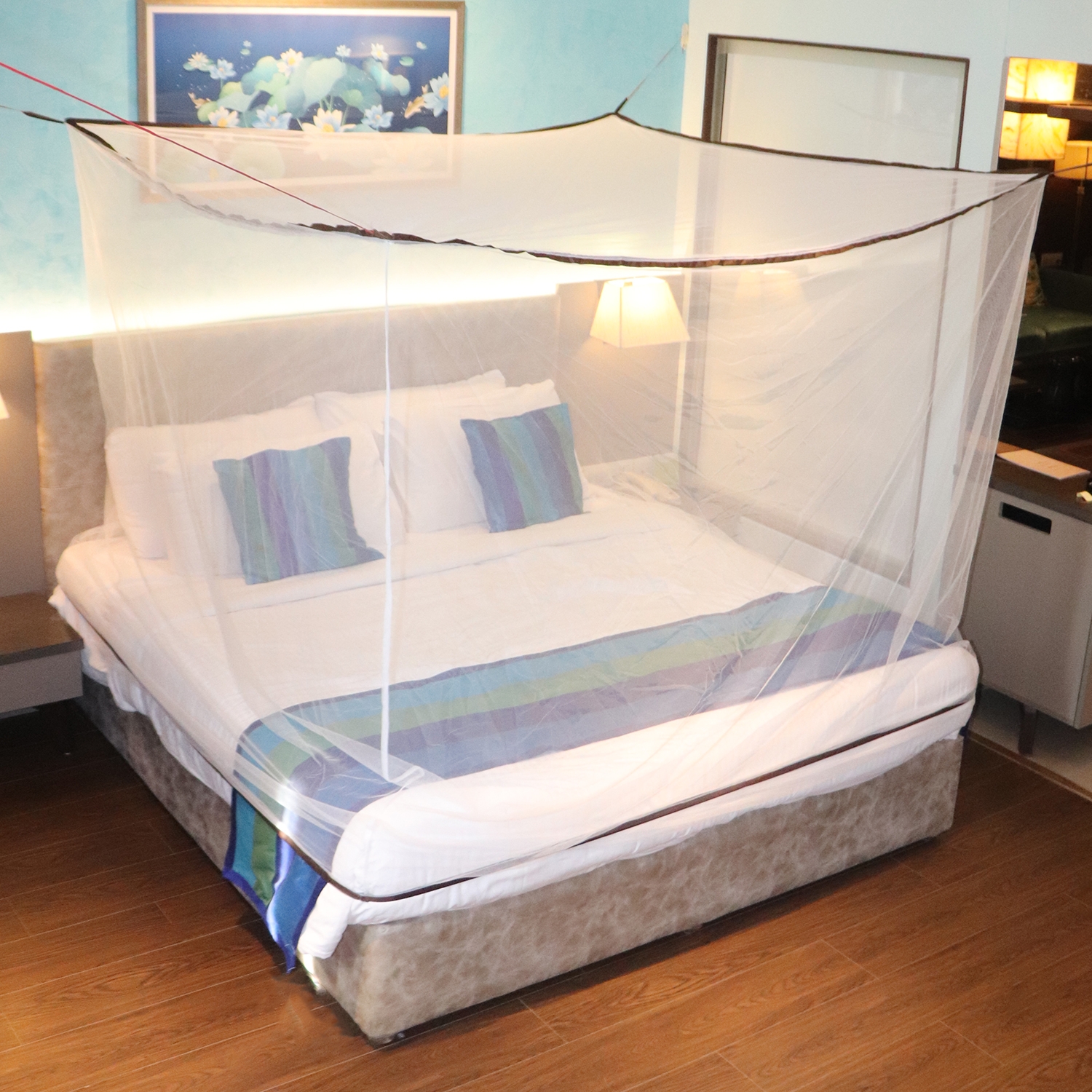 Mosquito Net for Double Bed, King-Size, Square Hanging Foldable Polyester Net White And Brown