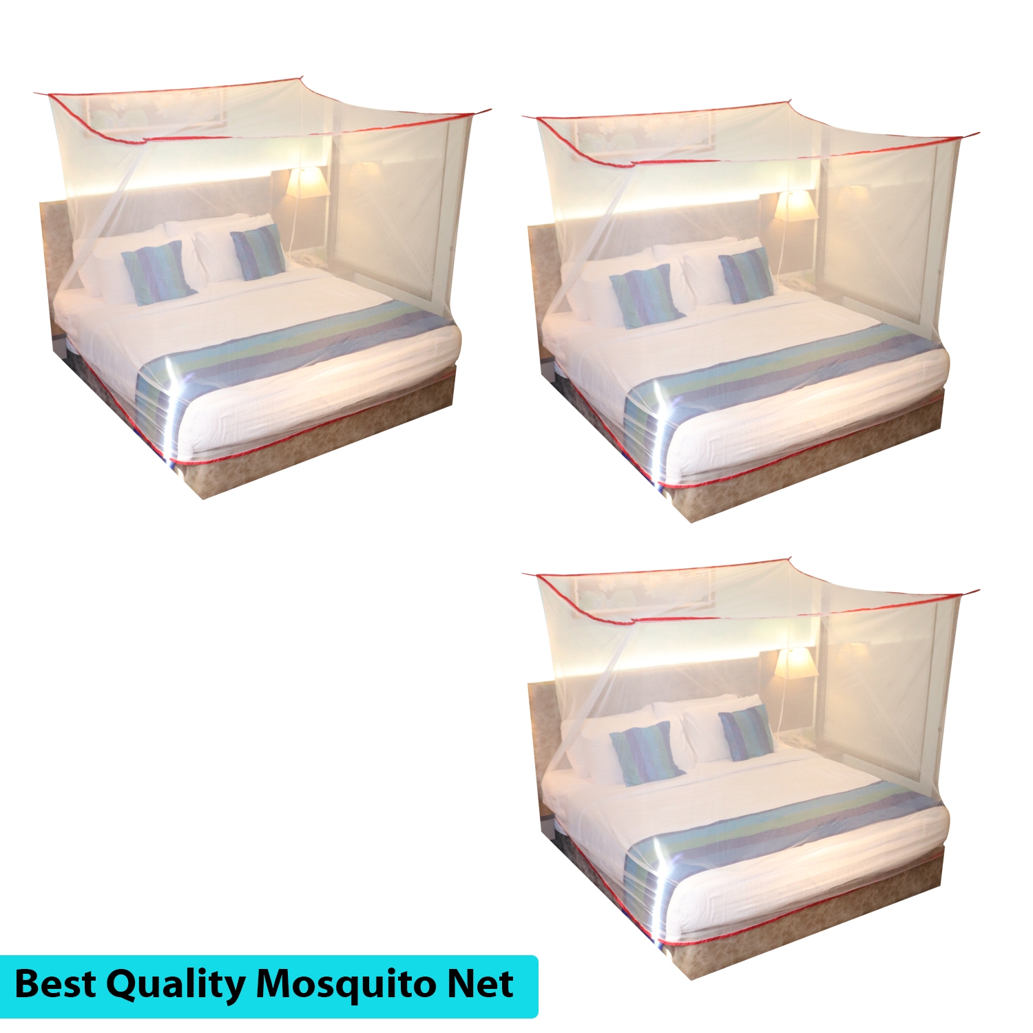 SILVER SHINE | Mosquito Net for Double Bed, King-Size, Square Hanging Foldable Polyester Net White And Red Pack of 3