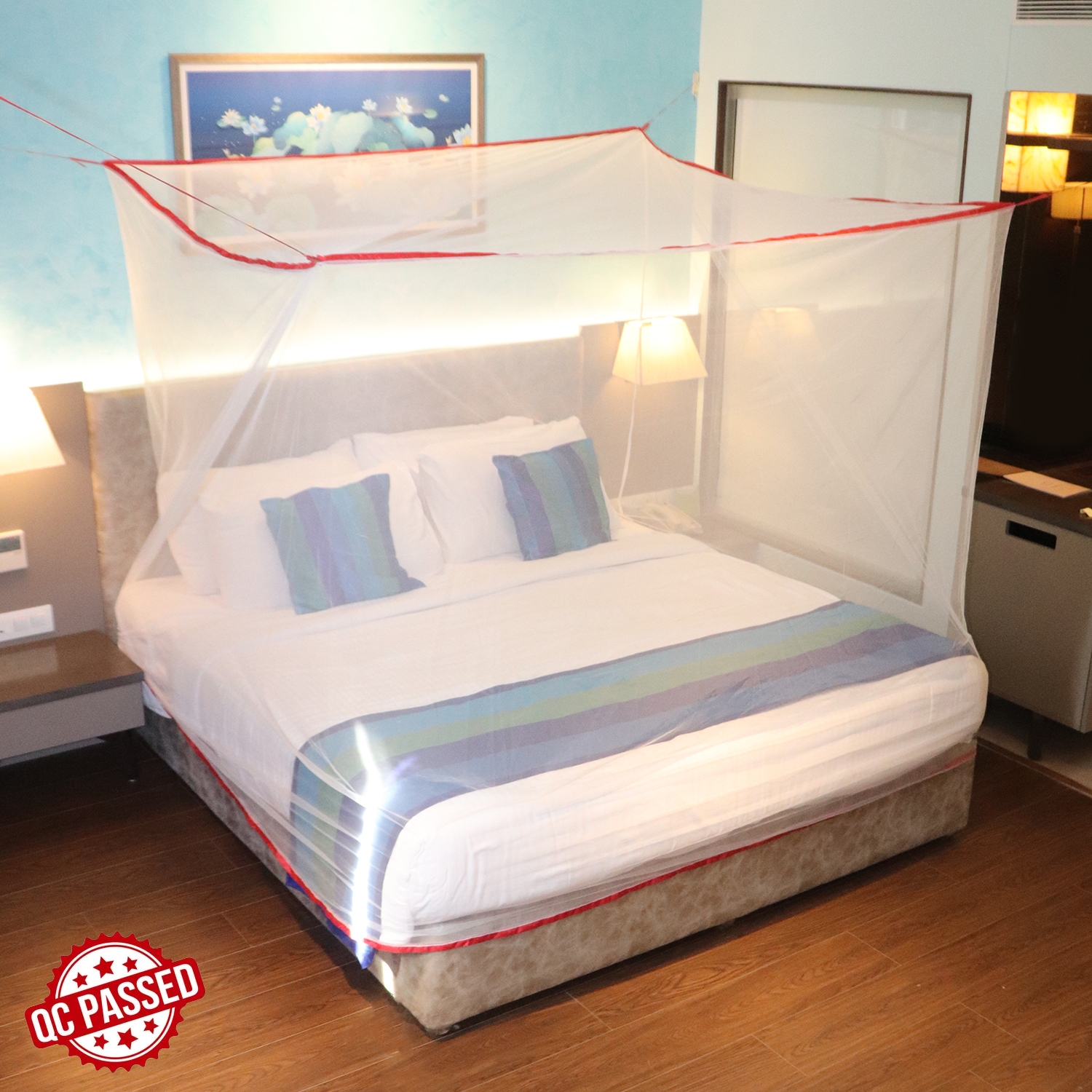 SILVER SHINE | Mosquito Net for Double Bed, King-Size, Square Hanging Foldable Polyester Net White And Red 