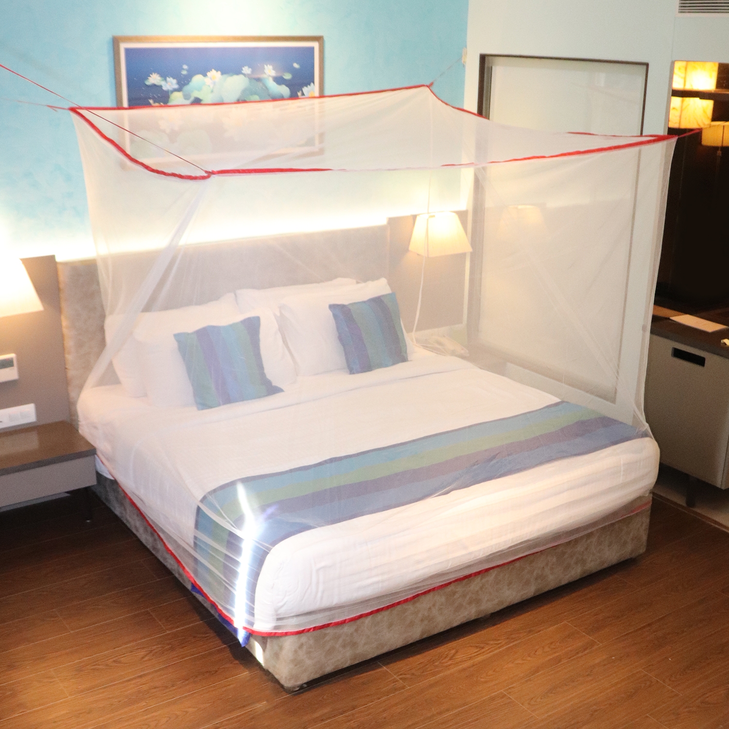 Mosquito Net for Double Bed, King-Size, Square Hanging Foldable Polyester Net White And Red 