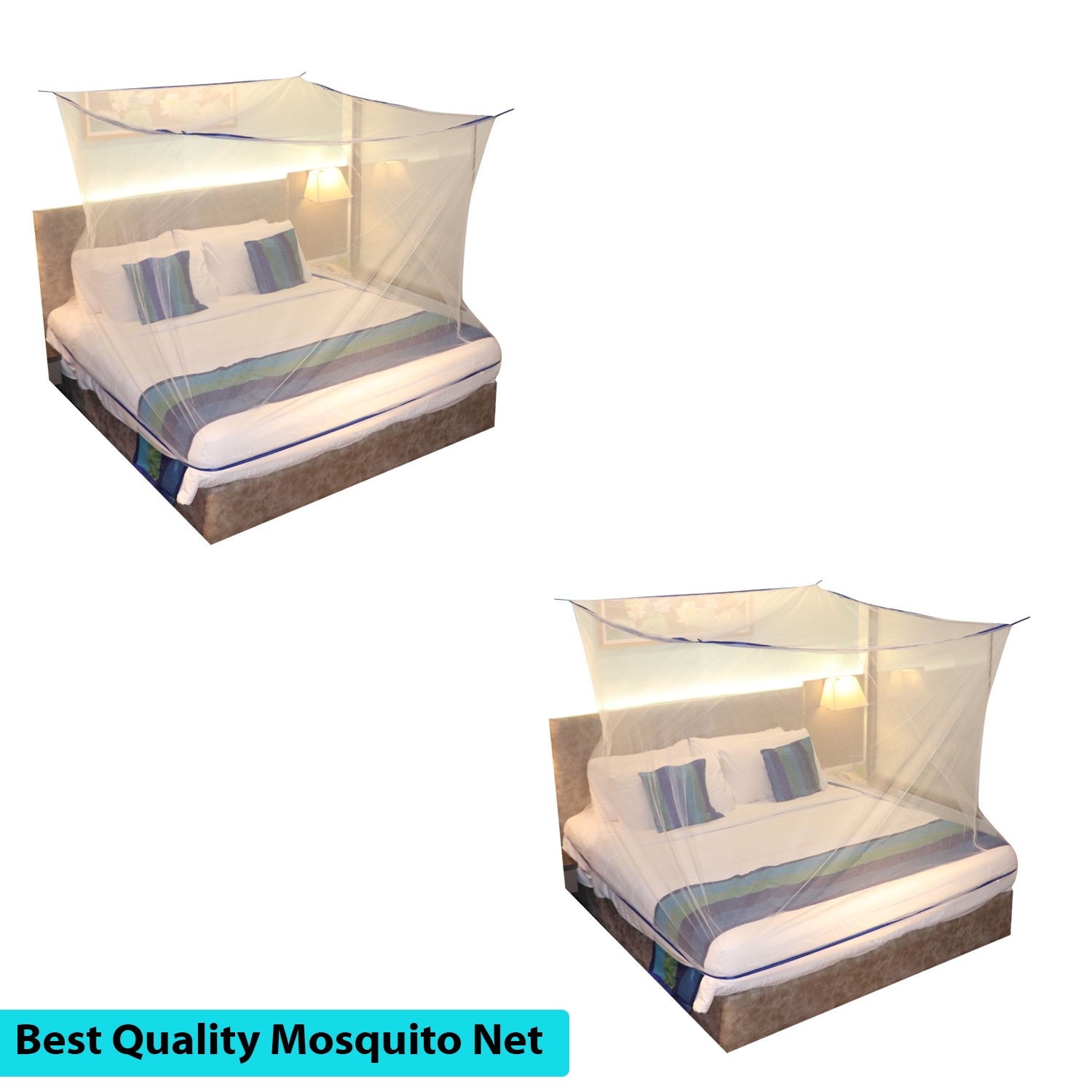 Mosquito Net for Double Bed, King-Size, Square Hanging Foldable Polyester Net White And BluePack of 2